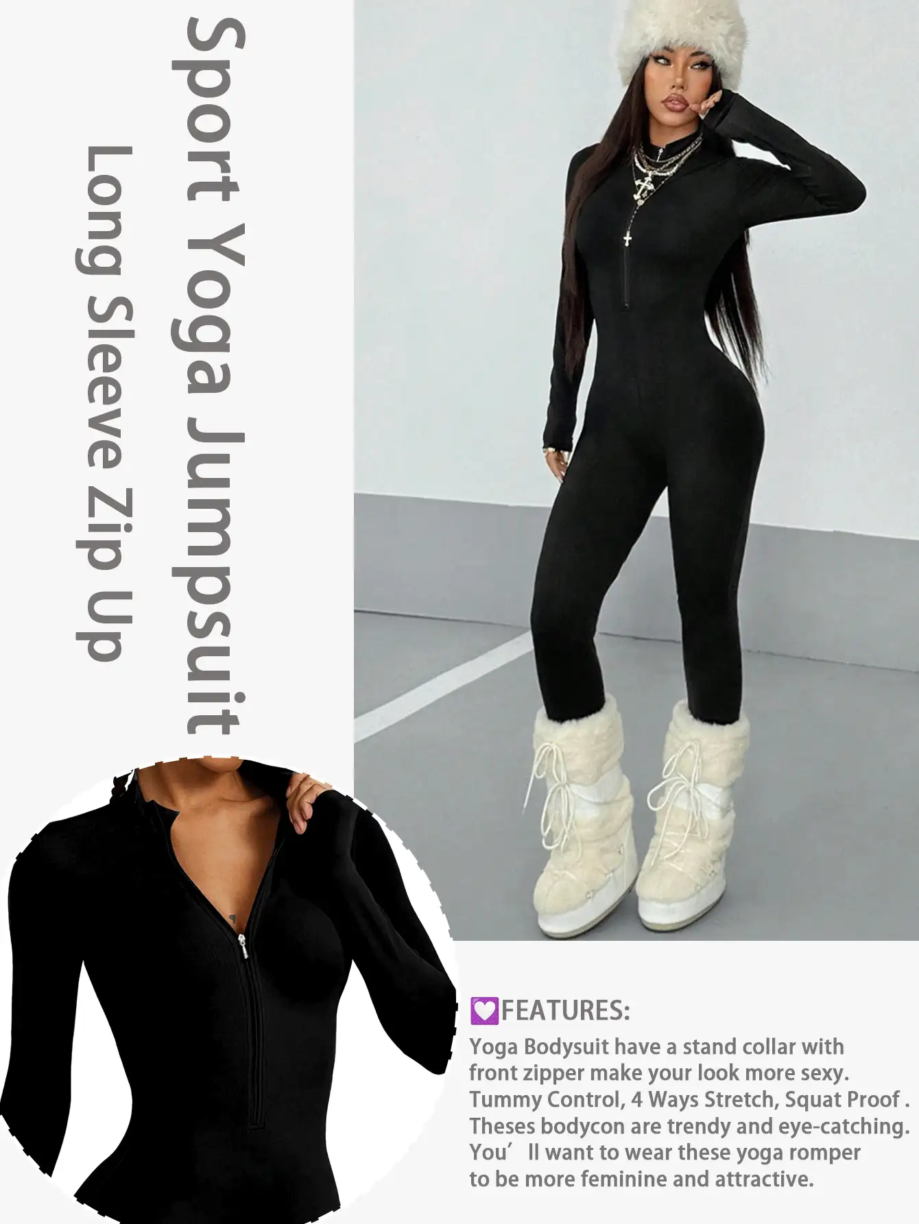 Women's High-Elasticity Long Sleeve Tight Fitting Yoga Jumpsuit, Half-Zip Front Slim Fit Athletic Casual Bodysuit For Cycling, Workout & Daily Wear, Women's Acitvewear. - 黑色 - 查看 2