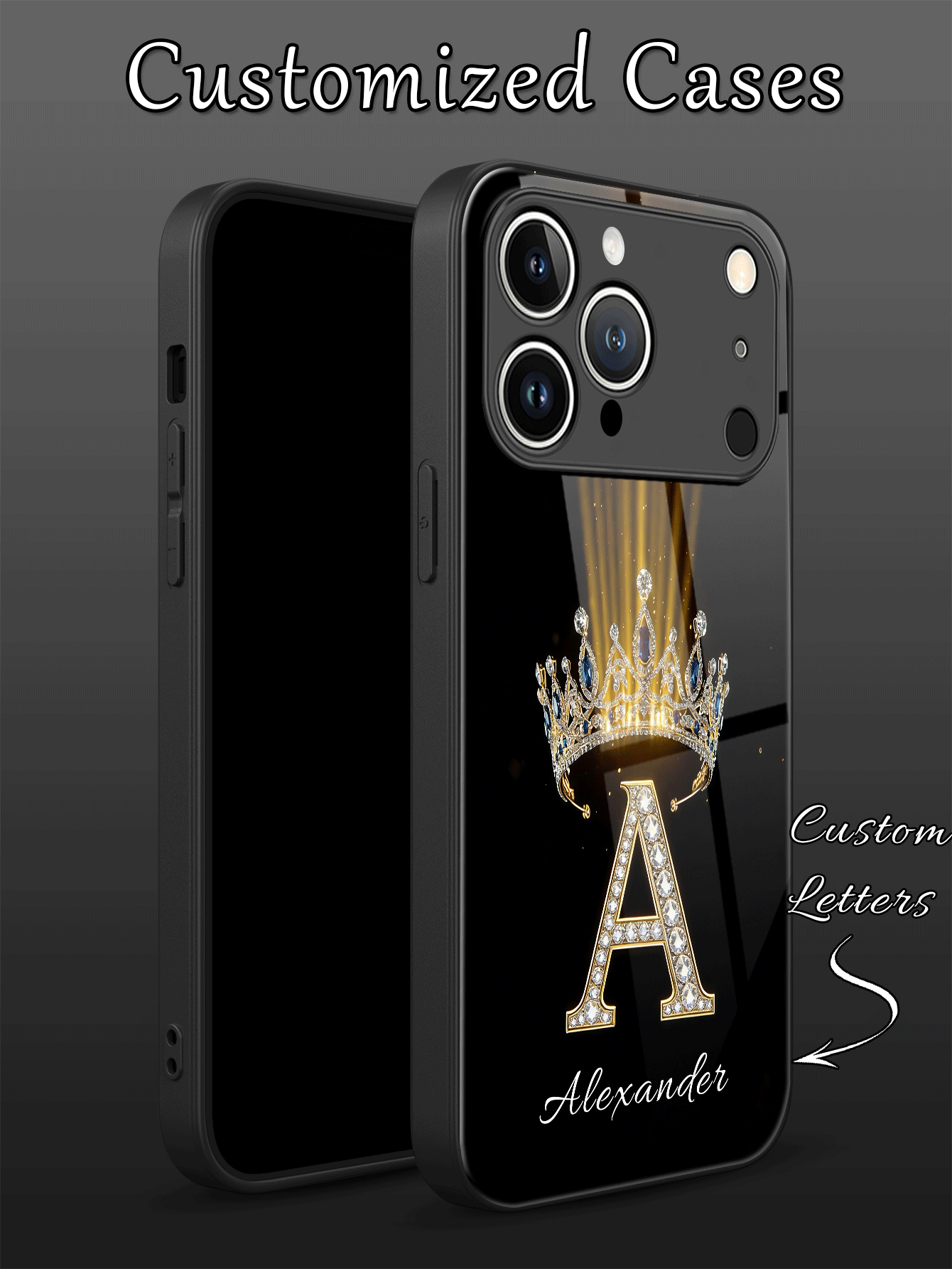 1pc Customized Name, Luxury Rhinestone Crown Pattern Liquid TPU Full Edge + Tempered Glass Shockproof Anti-Scratch Phone Case Compatible With Apple 17 ProMax/16 ProMax/15 Pro/14 Plus/13 Pro/12 Pro Max/11/Xs Max/8/7/6 Plus, S24 Ultra/S25 Ultra, Redmi/ Phones - Black - View 2