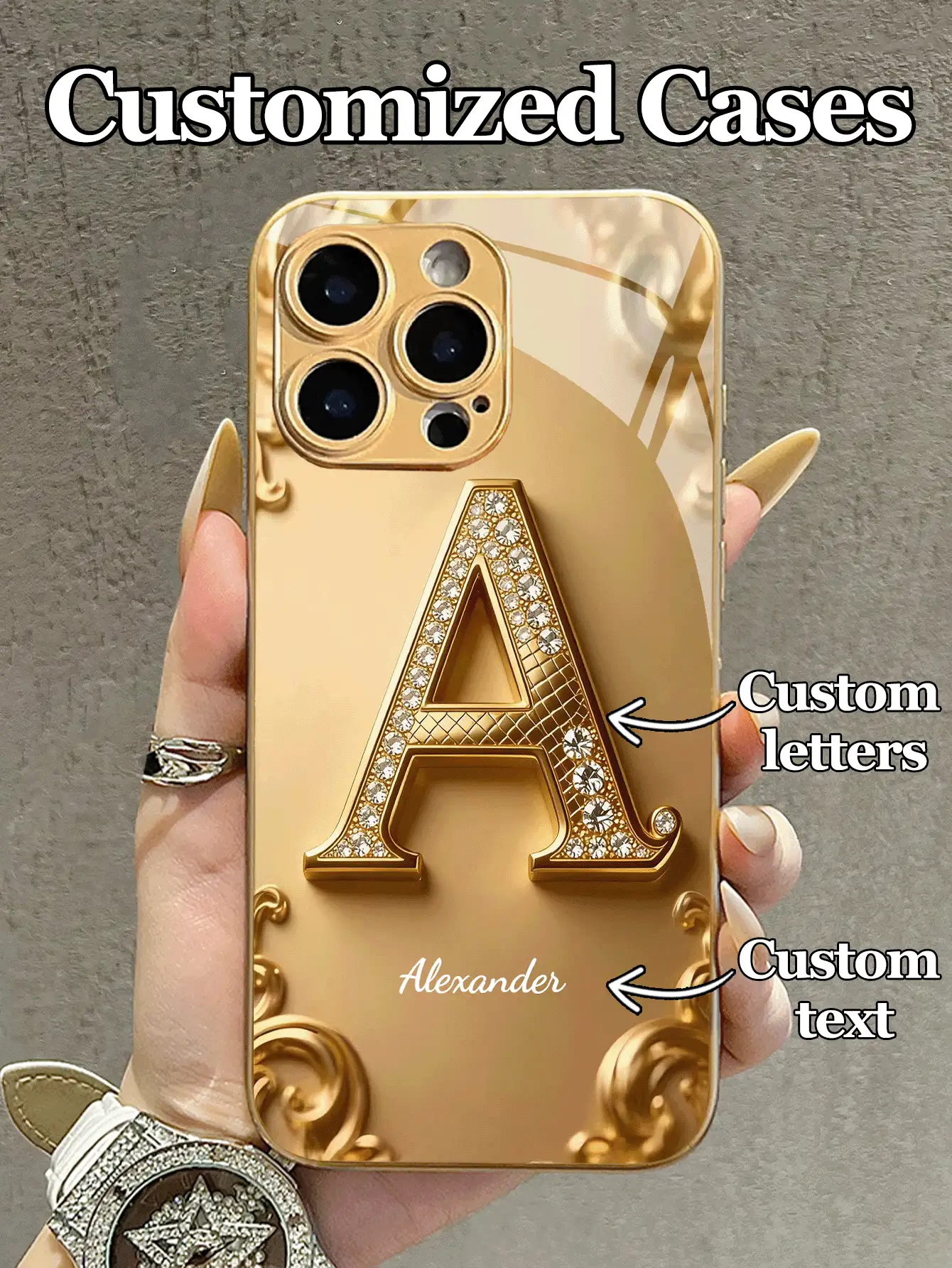 1 chiếc ốp lưng điện thoại bằng kính dệt họa tiết đính đá và tên tùy chỉnh, tương thích với iPhone 17 Pro Max/17 Air/16 Pro Max/15 Pro/14 Plus/13 Pro/12 Pro Max/11/Xs Max/8/7/6 Plus, S24 Ultra/S25 Ultra/A12, sản phẩm cao cấp dành cho doanh nhân, món quà tuyệt vời nhất cho bạn trai, bạn gái và gia đình, ốp lưng điện thoại dễ thương, thẩm mỹ. - Vàng - Xem 2