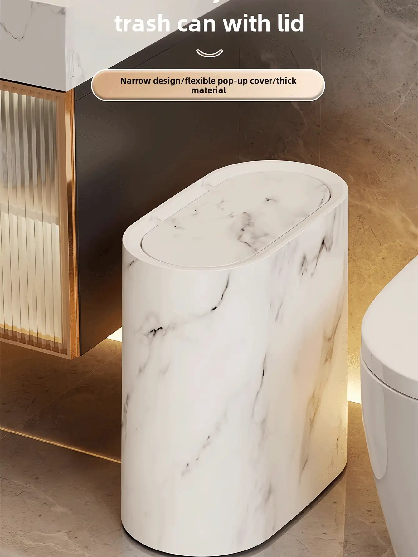 大理石纹理方形密封垃圾桶,带盖 - 脚踏式设计,适用于浴室、酒店、家庭、民宿、厨房、客厅,塑料垃圾桶,时尚垃圾桶,适合狭窄空间,节省空间设计,浴室垃圾桶,家居装饰,浴室装饰及配件,情人节礼物 - 彩色 - 查看 3