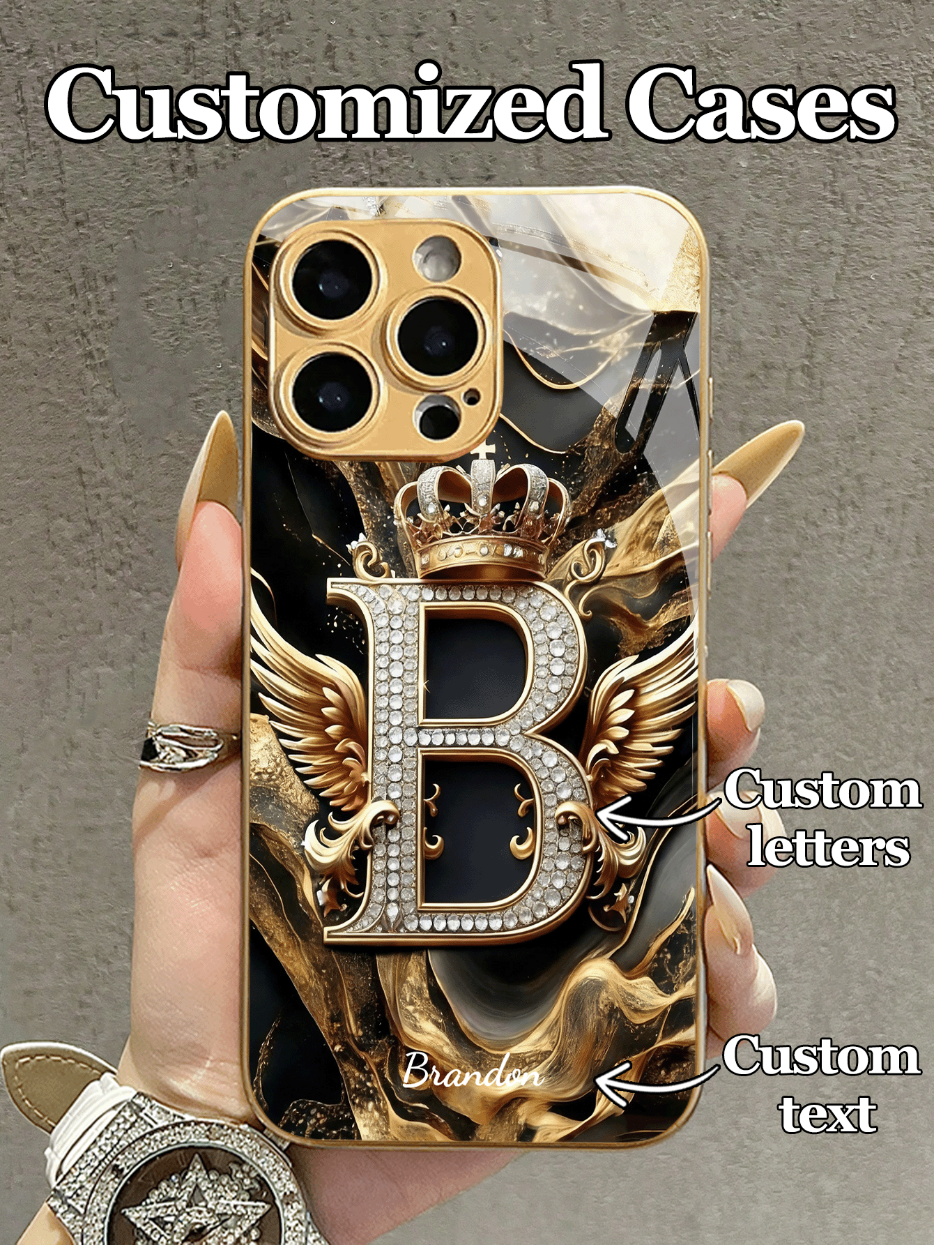 1pc Customizable Text & Letter Design Smartphone Case, Black Background With Gold Foil Texture, Rhinestone Embedded 3D Floral, Crown & Wing Decor, Tempered Glass Material Compatible With Iphone 17 Pro Max/17 Air/16 Pro Max/15 Pro/14 Plus/13 Pro/12 Pro Max/11/Xs Max/8/7/6 Plus, S24 Ultra/S25 Ultra/A12/A55/A31/A22, High-End Business Custom, Best Gift For Friends And Family,International Version, Not The Domestic Version - Gold - View 2