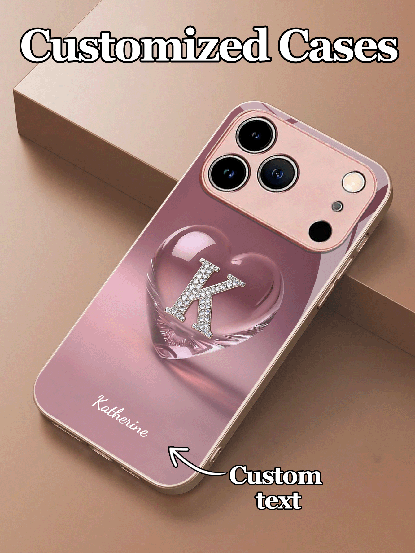 1pc Customizable Text & Letter Design With Transparent Heart Pattern Tempered Glass Phone Case, Compatible With IPhone 17 Pro Max/17 Air/16 Pro Max/15 Pro/14 Plus/13 Pro/12 Pro Max/11/Xs Max/8/7/6 Plus, S24 Ultra/S25 Ultra/A12/A55/A31/A22, Fashion Business Customization, Best Gift For Friends And Family - Pink - View 2