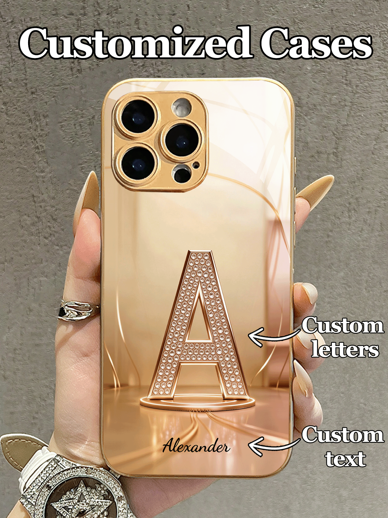 1 pieza Funda de teléfono de vidrio templado con texto personalizable y textura de rhinestone, compatible con iPhone 17 ProMax/17 Air/16 ProMax/15 Pro/14 Plus/13 Pro/12 Pro Max/11/Xs Max/8/7/6 Plus, S24 Ultra/S25 Ultra/A12, versión de alta gama personalizada, mejor regalo para novio, novia y familia, versión internacional, no la versión nacional - Dorado - Añade 2