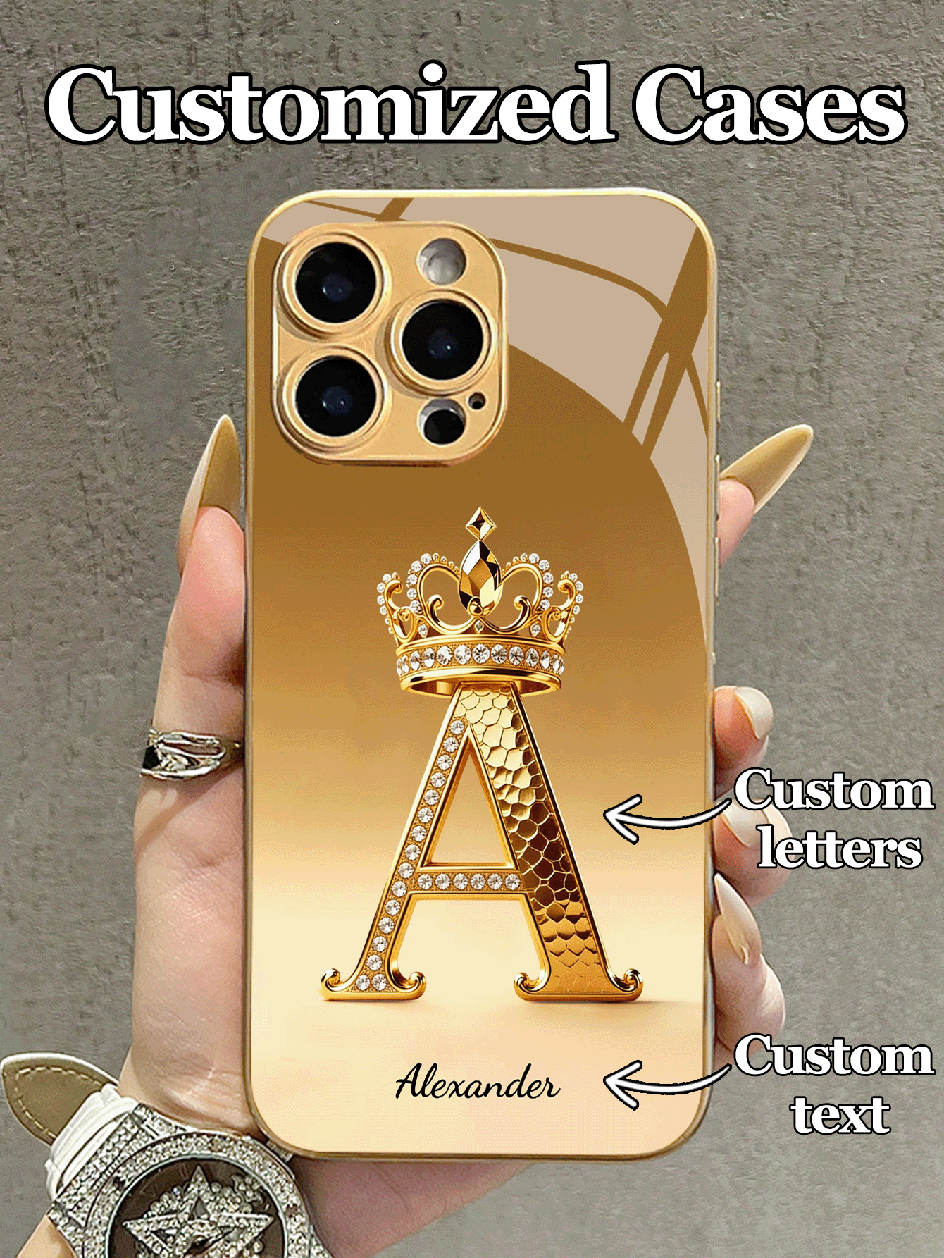 Estuche de teléfono de vidrio templado con diamantes brillantes de oro de lujo, 1 pieza personalizable con 26 letras y diseño de corona, adecuado para iPhone17 ProMax/17Air/16 ProMax/15 Pro/14 Plus/13 Pro/12 Pro Max/11/Xs Max/8/7/6 Plus, S24 Ultra/S25 Ultra/A12, personalización empresarial de alta gama, mejor regalo para novio, novia y familia, artículos de chica femenina, regalo de primavera, cumpleaños, aniversario - Dorado - Añade 2