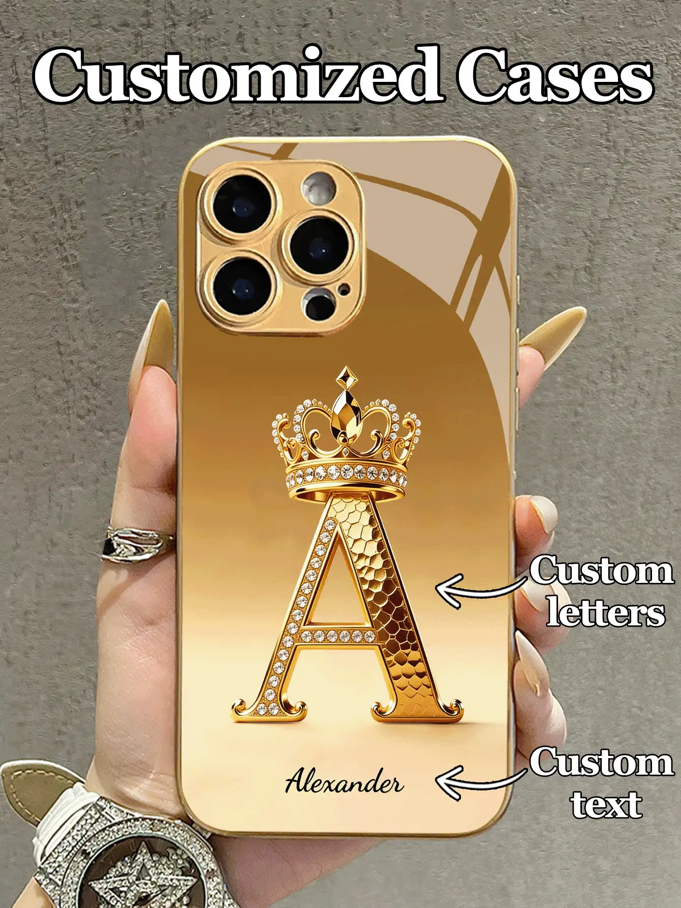 奢华闪耀钻石金色单件装可定制26个字母及姓名皇冠设计钢化玻璃手机壳，适用于 17 Pro Max/17 Air/16 Pro Max/15 Pro/14 Plus/13 Pro/12 Pro Max/11/Xs Max/8/7/6 Plus、S24 Ultra/S25 Ultra/A12，高端商务定制，送给男友、女友和家人的最佳礼物，少女心满满的春季生日周年纪念礼物 - 金色 - 查看 3