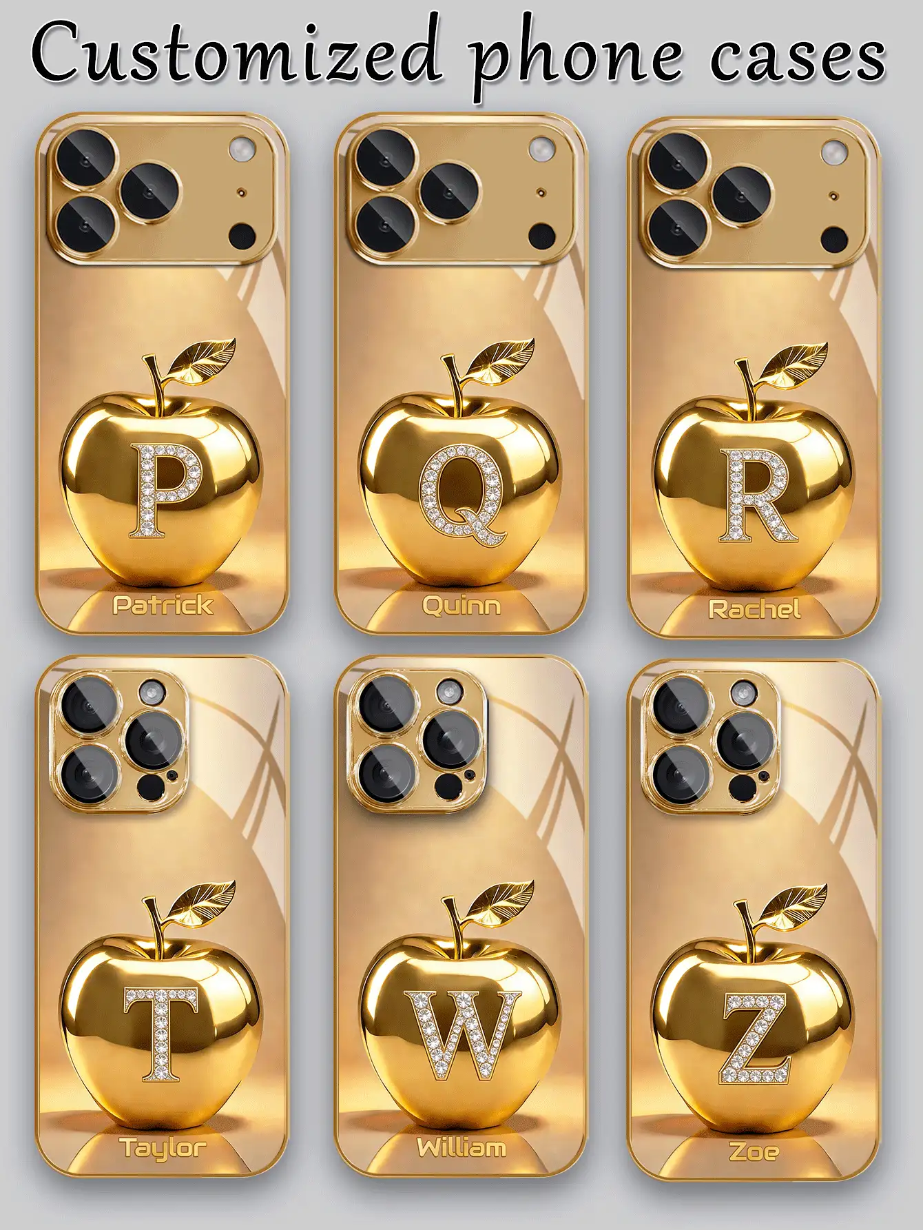 1 pieza Funda de teléfono personalizable con 26 letras, diseño de manzana con strass dorados de moda, chapado en oro, compatible con iPhone 17 Pro Max/16 Pro Max/15/14 Plus/13 Pro/12 Pro Max/11/Xs Max/8/7/6 Plus, de moda, colorida, linda, divertida, minimalista, a juego - Dorado - Ver 2