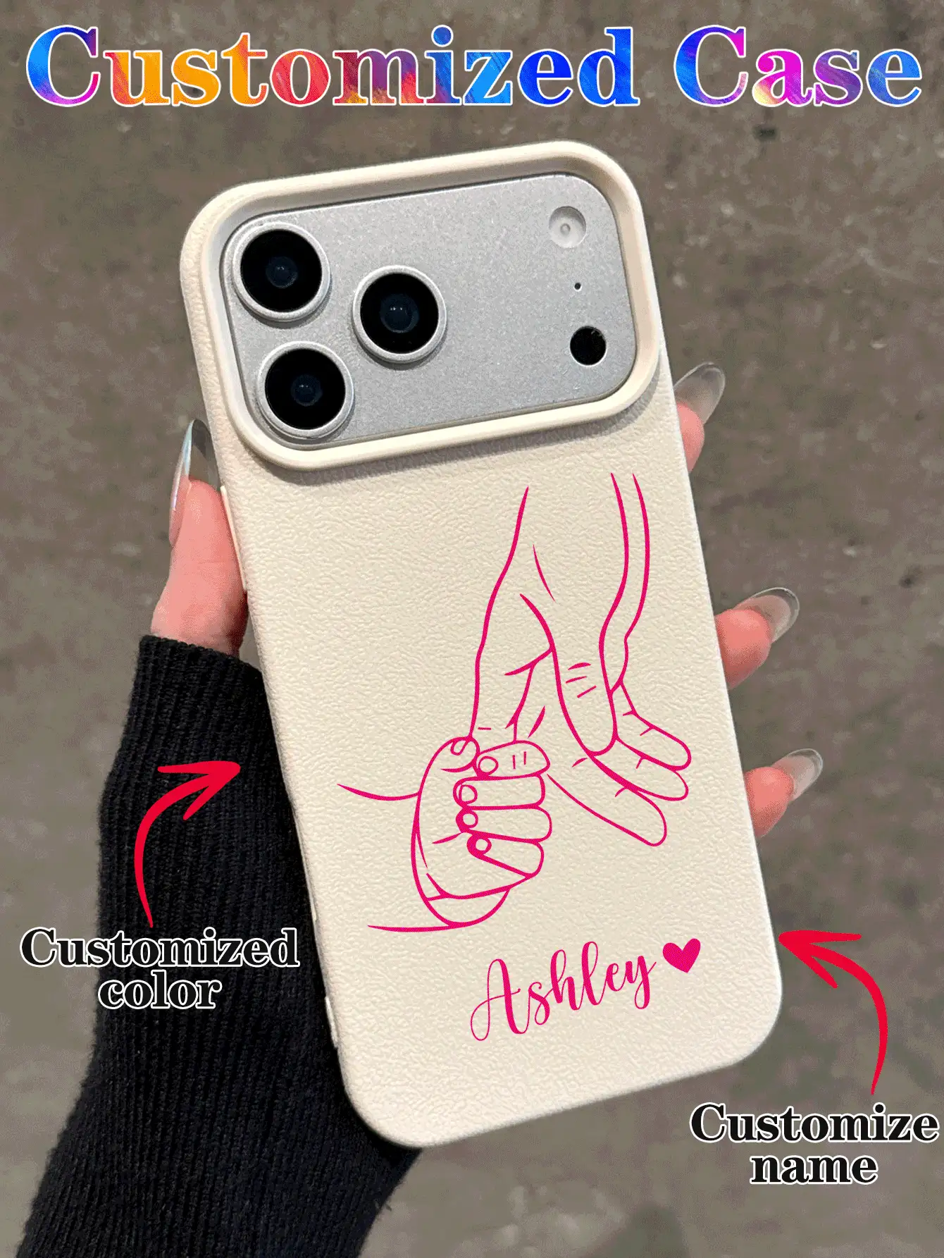 Customized Parent-Child Holding Hands Design Phone Case, Heart & Name Letter Customization, Shockproof Thick Transparent Full Coverage Soft Phone Protective Cover, Compatible With IPhone 11 13 15 16 17 Pro Max - Apricot - View 2