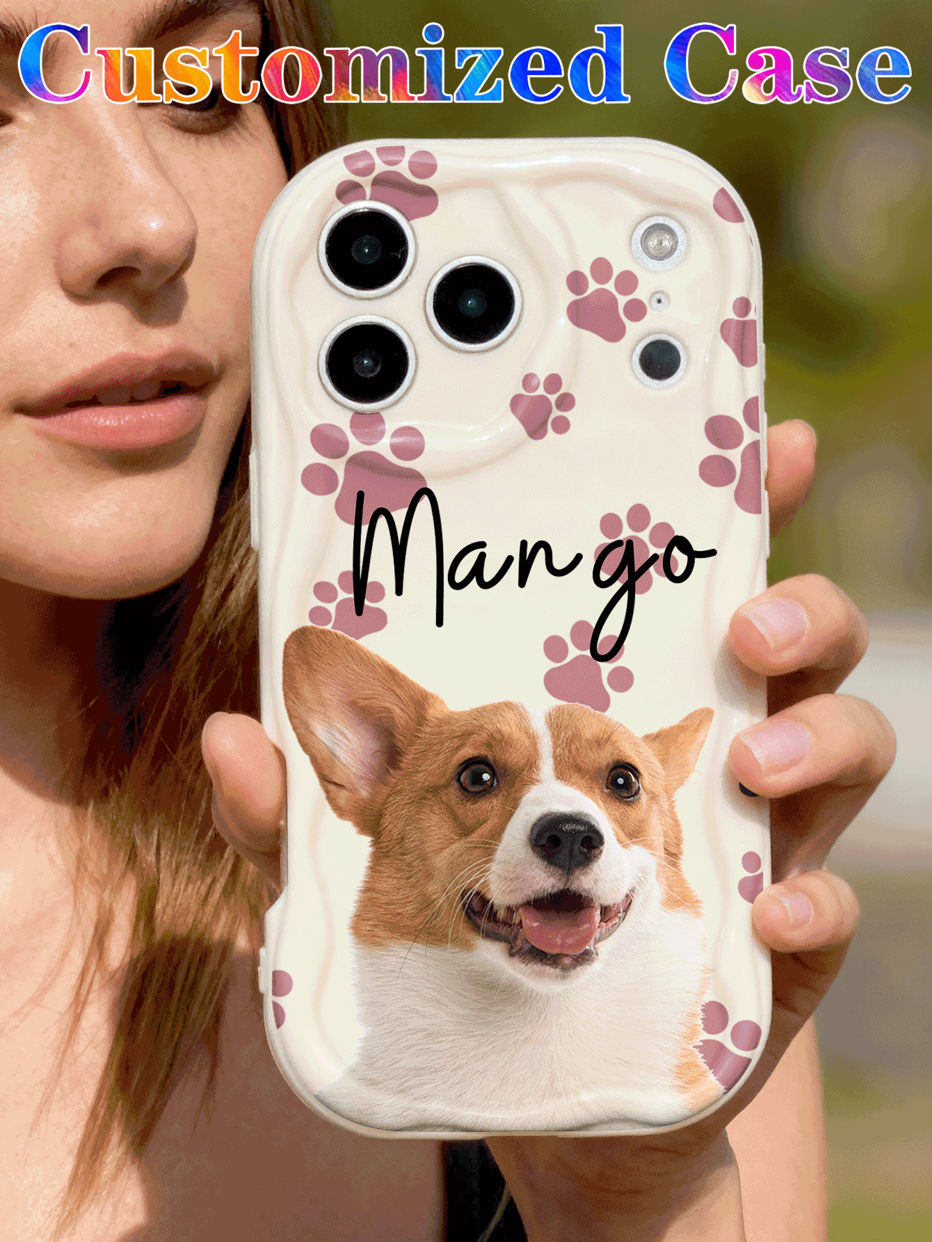 1个定制宠物照片、爪印和名字文字设计的黑色手机壳，适用于A14、A15、A13、A12、A55、A54、A21s、S21、S22、S23、S24 Ultra，兼容 11、12、13、14、15、16 Pro Max - 米色 - 查看 2