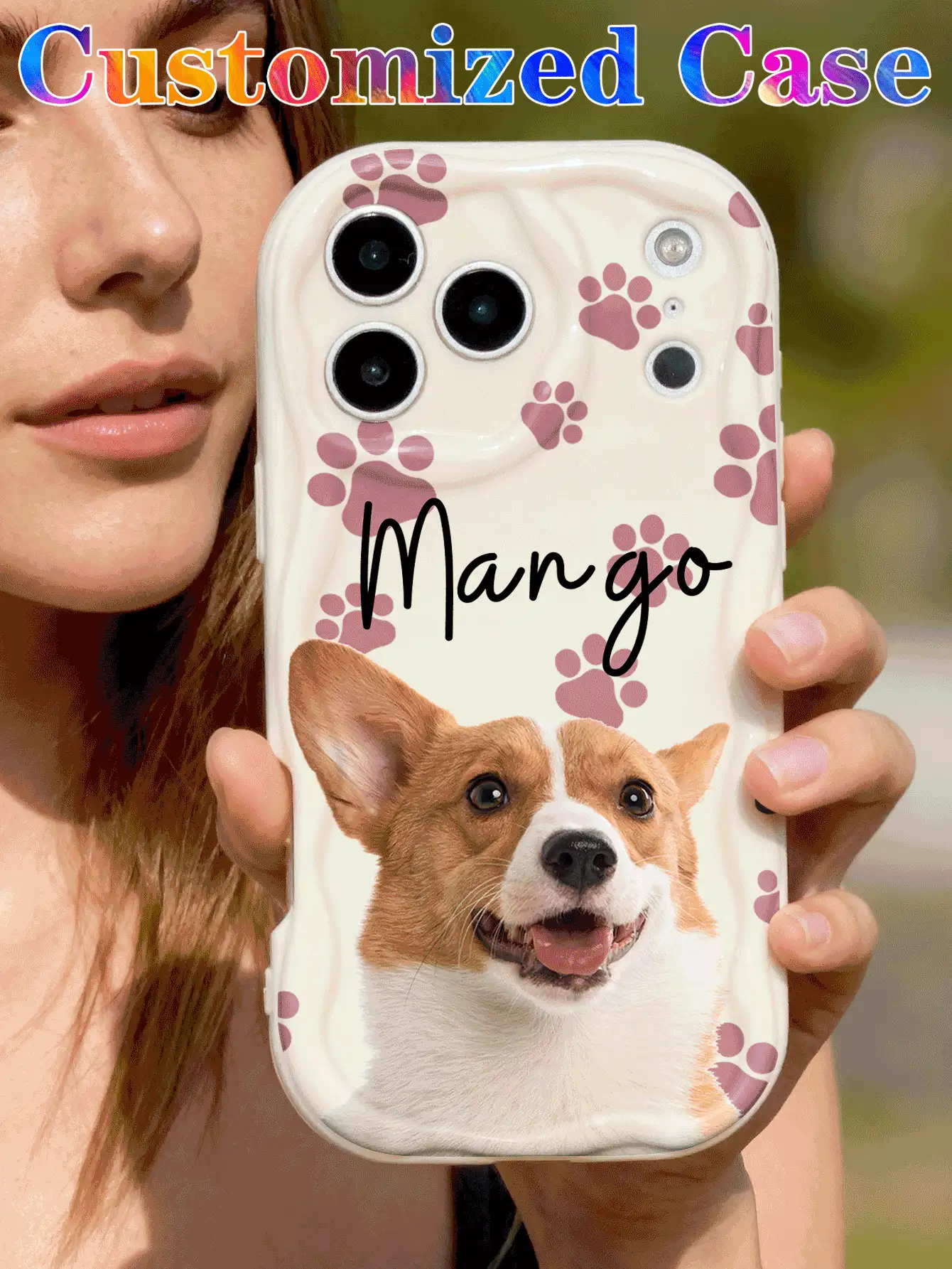 1个定制宠物照片、爪印和名字文字设计的黑色手机壳,适用于A14、A15、A13、A12、A55、A54、A21s、S21、S22、S23、S24 Ultra,兼容 11、12、13、14、15、16 Pro Max - 米色 - 查看 2