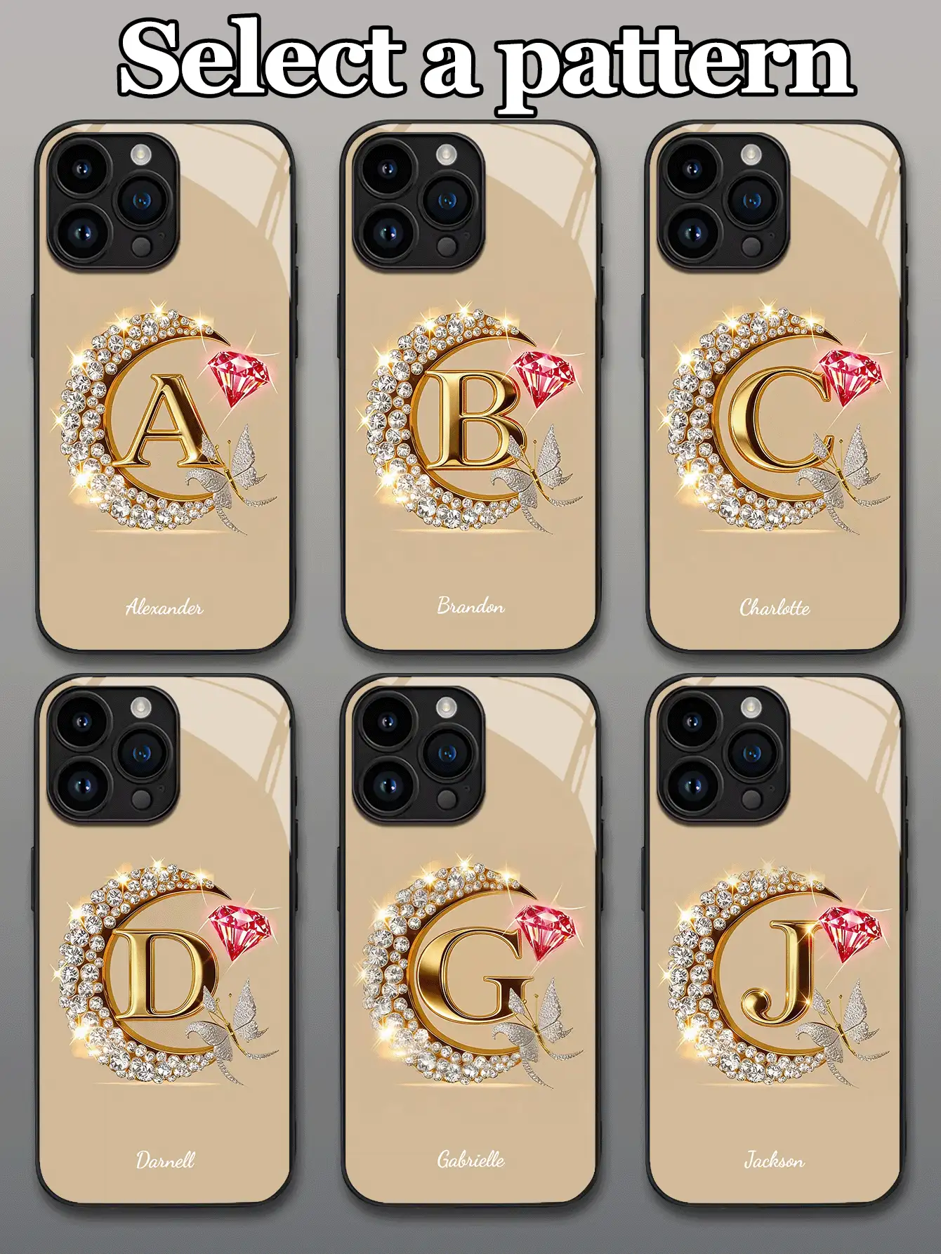 1pc Customizable Text & Letter Design Gold Crescent Moon Frame Rhinestone Studded Tempered Glass Phone Case, Compatible With Iphone 17 ProMax/17 Air/15/16 Pro/14 Plus/13 Pro/12 Pro Max/11/Xs Max/8/7/6 Plus, S24 Ultra/S25 Ultra, Redmi NOTE 13/14, Redmi K40, Mi 11, Fashionable Business Custom Gift For Family, Colleagues, Friends - Black - View 2
