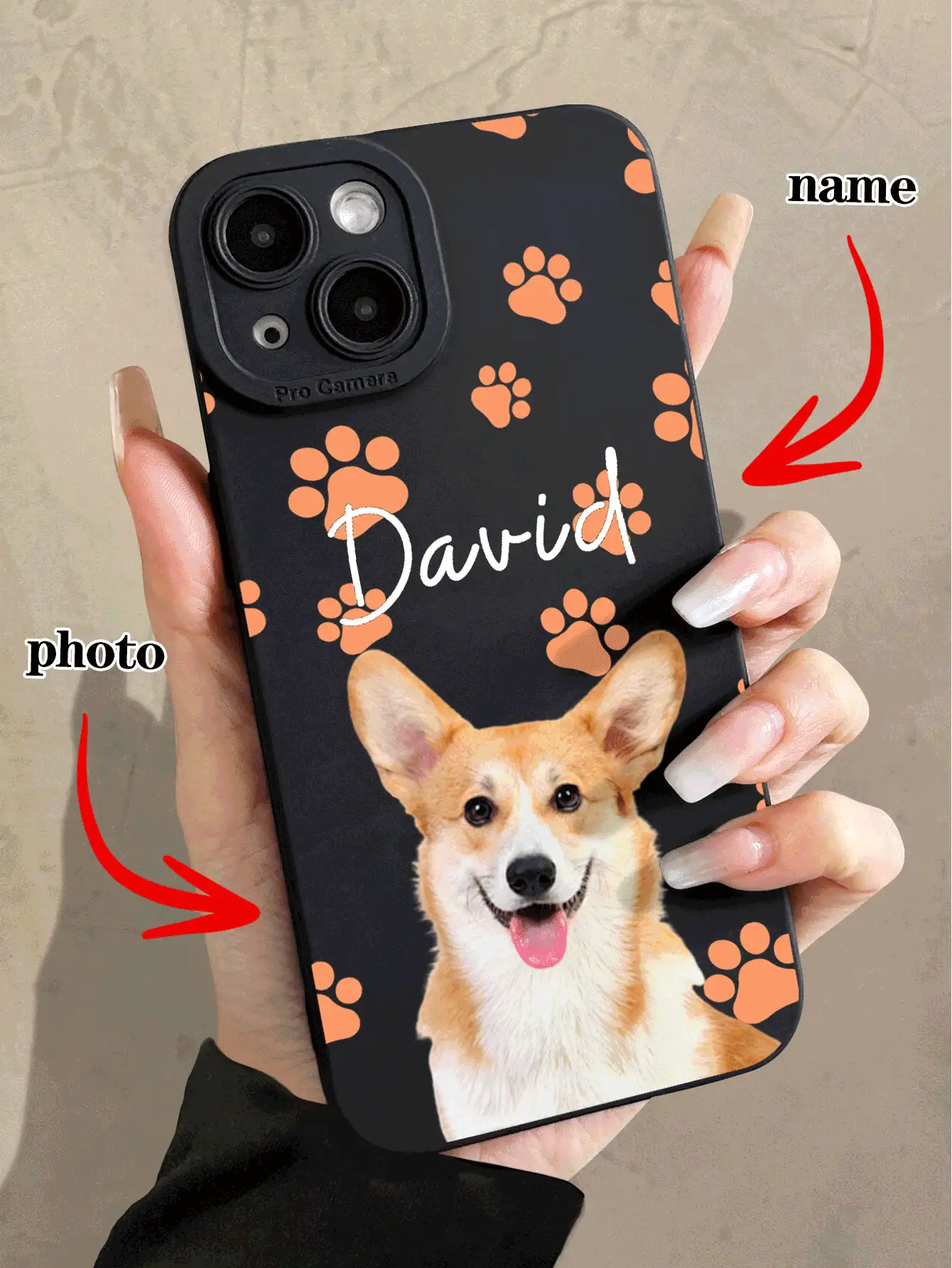 粉黑猫元素定制手机壳 1个装 可定制宠物照片、爪印和名字文字设计 黑色手机壳，适用于A14、A15、A13、A12、A55、A54、A21s、S21、S22、S23、S24 Ultra、 11、12、13、14、15、16 Pro Max 生日礼物 周年纪念礼物 国际版，非国内版 - 黑色 - 查看 2