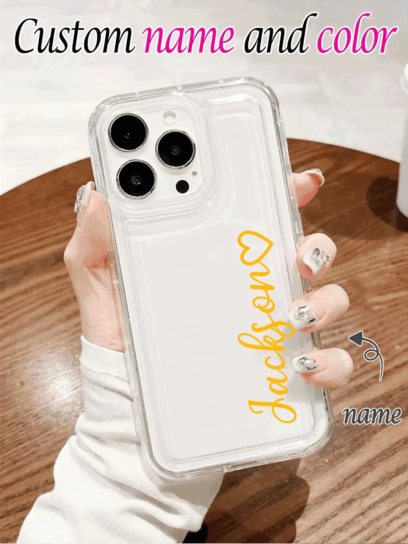 1pc Customized Love Heart & Text Design Shockproof Soft TPU Transparent Phone Case Cover For S20, S21, S22, S23, S24, A12, A14, A15, A21, A22, A31, 11/13/14/15/16 Pro Max - Clear - View 2