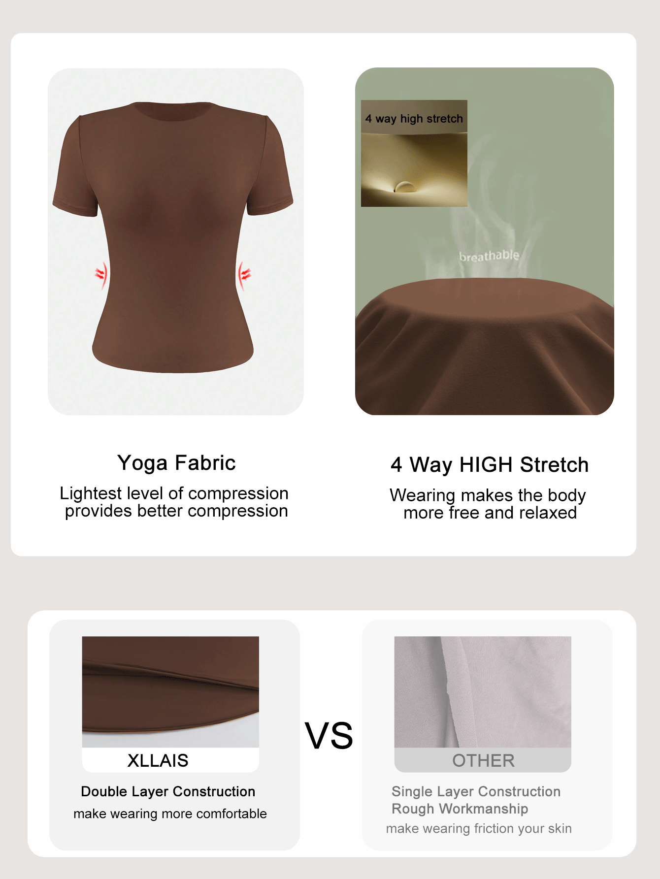 XLLAIS 2025 Model Round Neck Short Sleeve Summer Top, Solid Color Basic Slim Fit Casual Sports Style Brown T-Shirt For Women - Camel - View 6