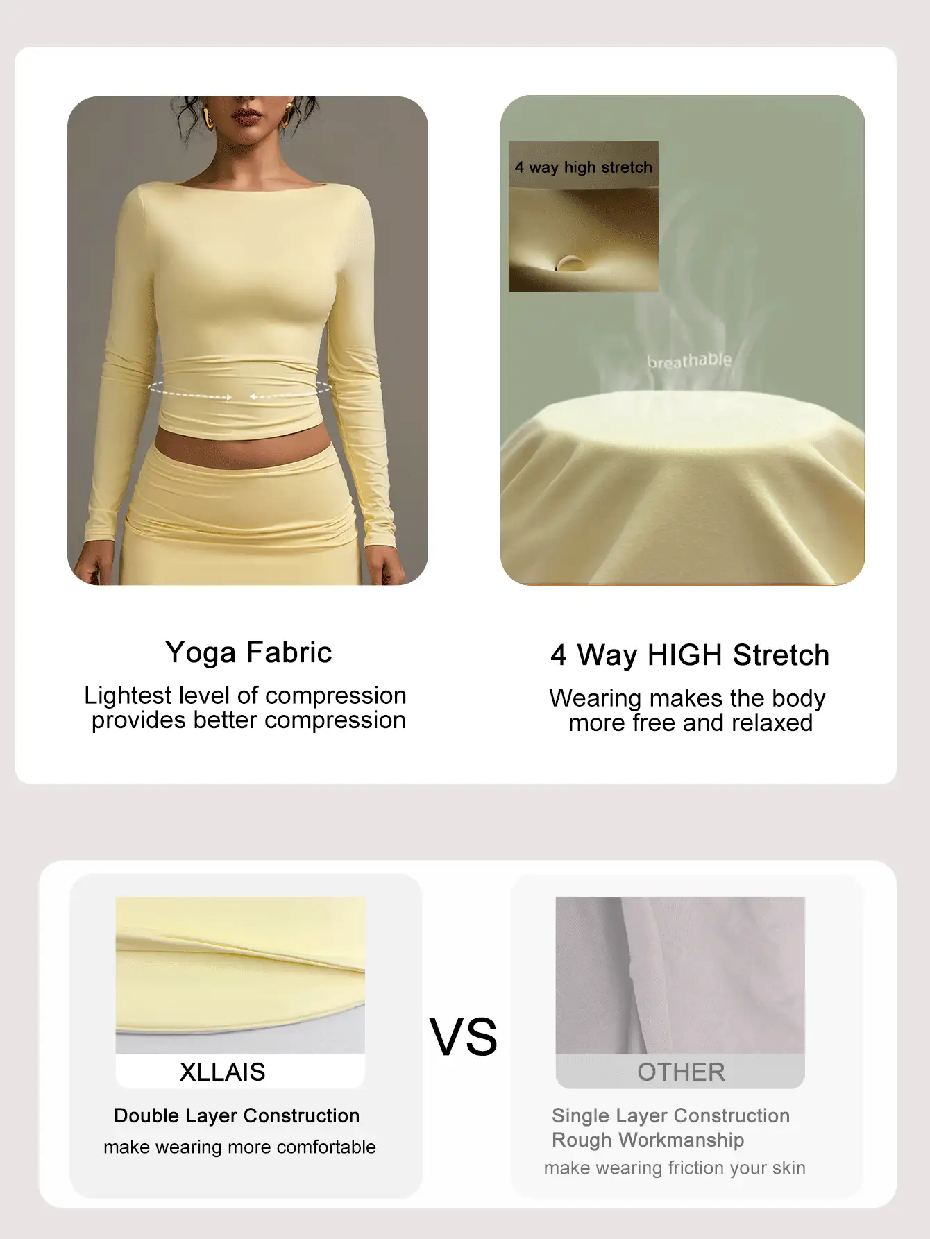 XLLAIS Women's Y2k Sexy Hot Girl Style Basic Yellow Tops Casual High Stretch Double Layer Boat Neck Long Sleeve Slim Fit T-Shirt Spring Summer Vacation - View 6