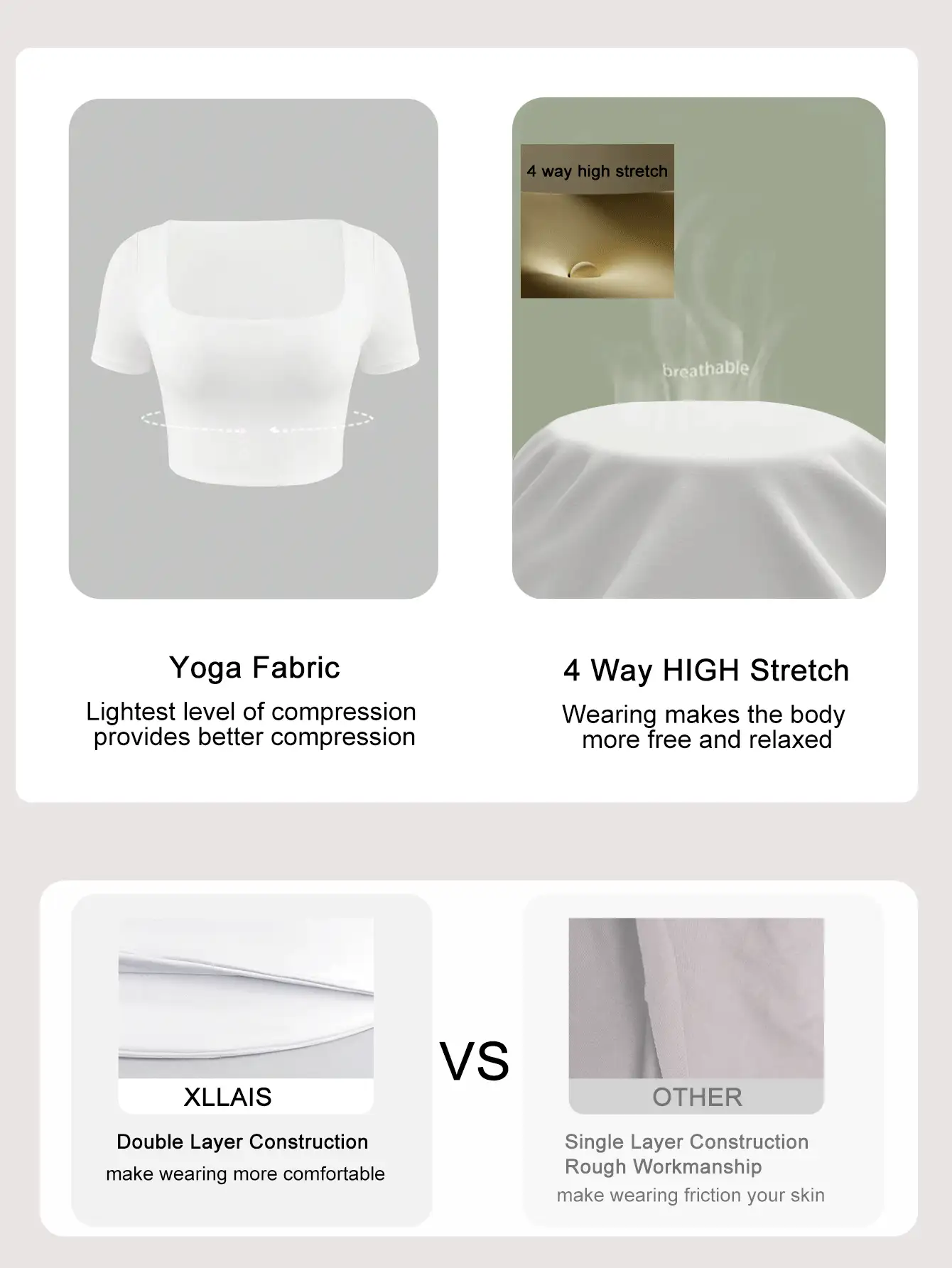 Summer Cropped Fitted Double-Layer Yoga Fabric Square Neck Top - White - View 6