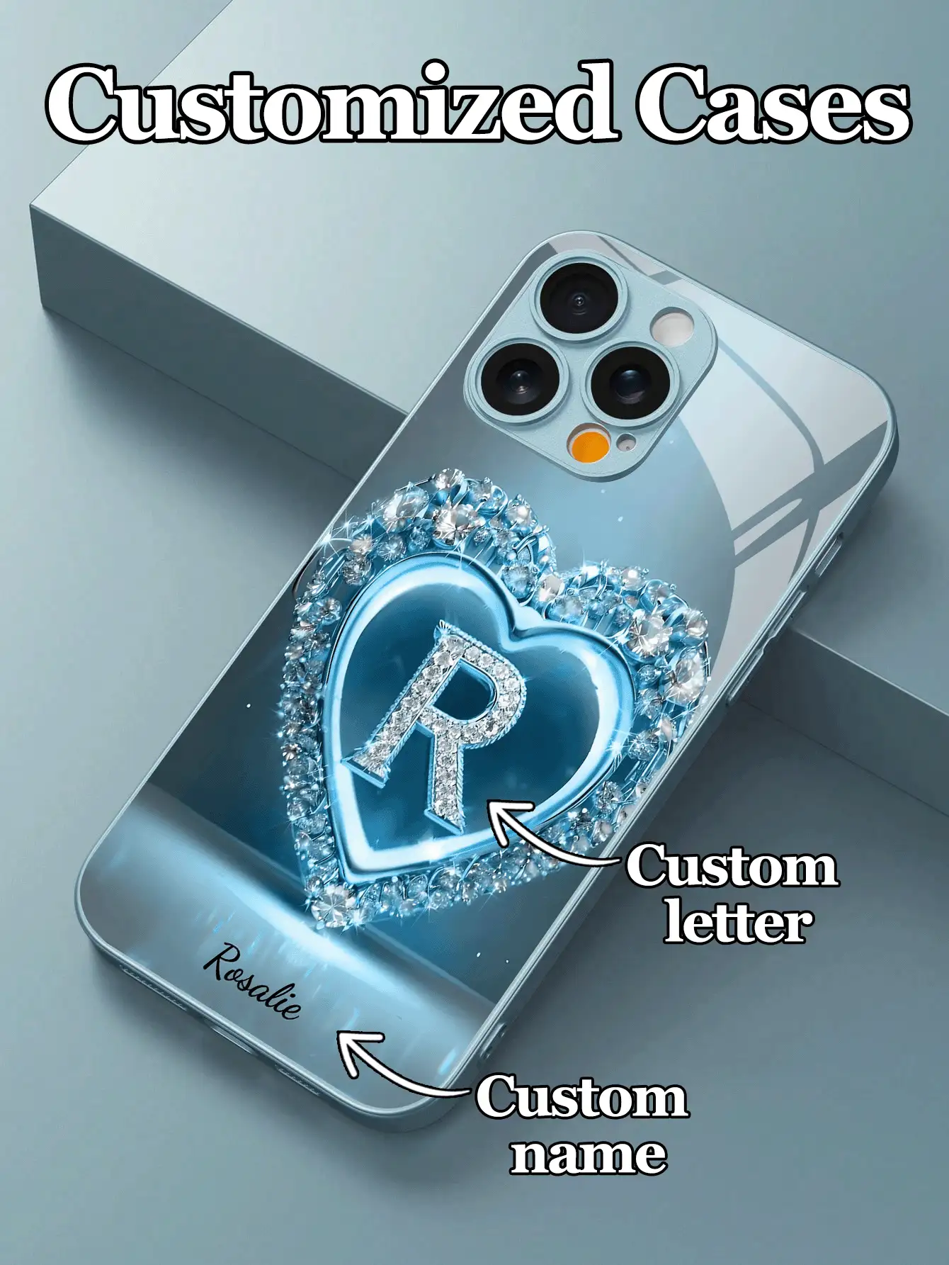 1pc Customizable 26 Letters & Name Design With Blue Rhinestone Heart Pattern Tempered Glass Phone Case, Compatible With Iphone 17 Air/16 ProMax/15 Pro/14 Plus/13 Pro/12 Pro Max/11/Xs Max/8/7/6 Plus, S24 Ultra/S25 Ultra/A12, High-End Business Custom, Best Gift For Boyfriend, Girlfriend And Family - Blue - View 2