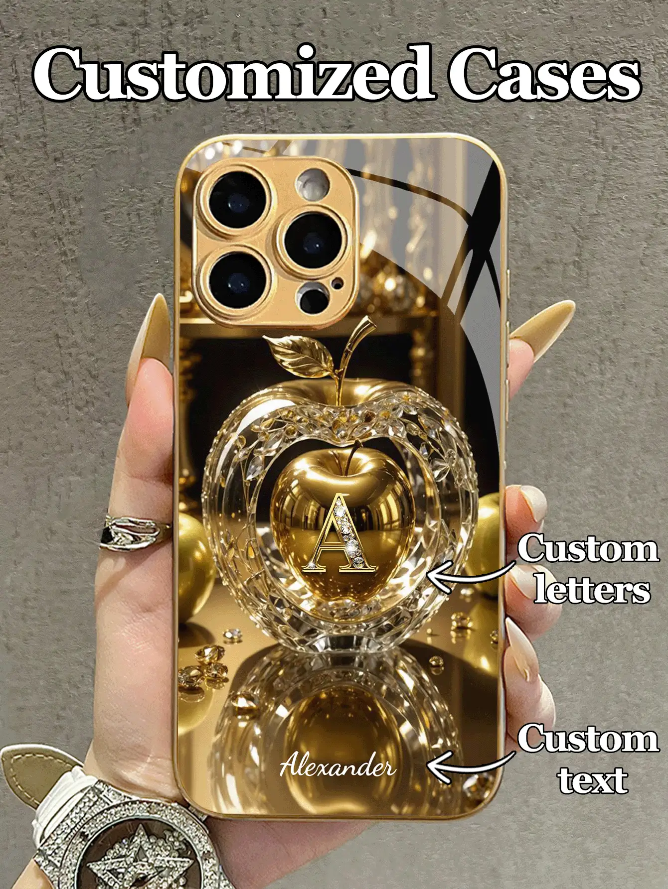 1 buah Casing Ponsel Kaca Tempered dengan Desain Teks dan Huruf 26 Huruf, Efek Logam Cair Emas Mengalir, Motif Apel, Kompatibel dengan iPhone 17 Air/16 Pro Max/15 Pro/14 Plus/13 Pro/12 Pro Max/11/Xs Max/8/7/6 Plus, S24 Ultra/S25 Ultra/A12, Hadiah Kustom Bisnis Kelas Atas untuk Pacar, Kekasih, Keluarga, Versi Internasional, Bukan Versi Domestik - Emas - View 3