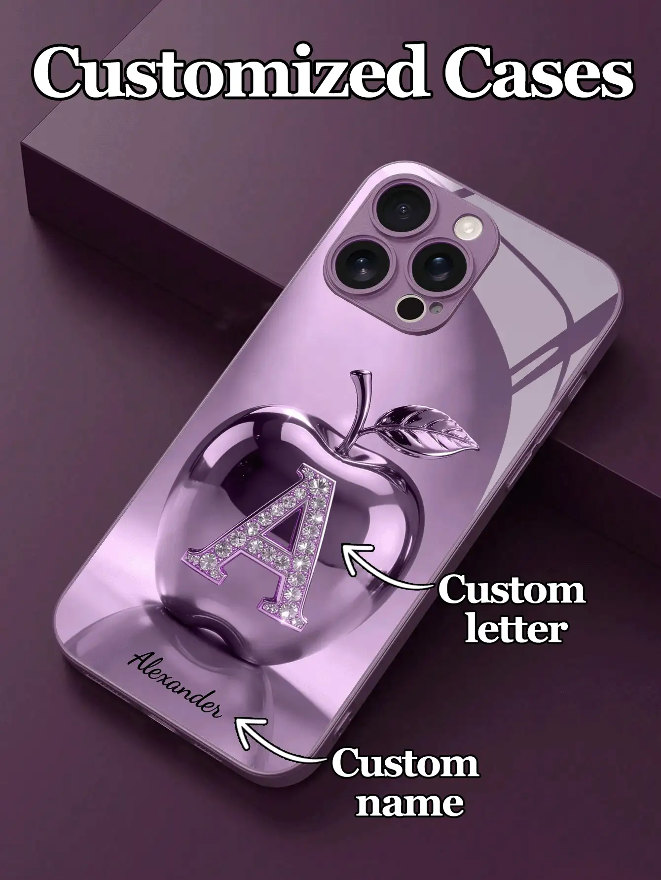 Funda de teléfono con diseño personalizado de 26 letras y nombre, de aleación con strass brillante, vidrio templado metálico púrpura, compatible con 17 ProMax 17Air 16 ProMax 15 Pro 14 Plus 13 Pro 12 Pro Max 11 Xs Max 8 7 6 Plus S24 Ultra S25 Ultra A12, cubierta resistente a arañazos - Morado - Ver 3