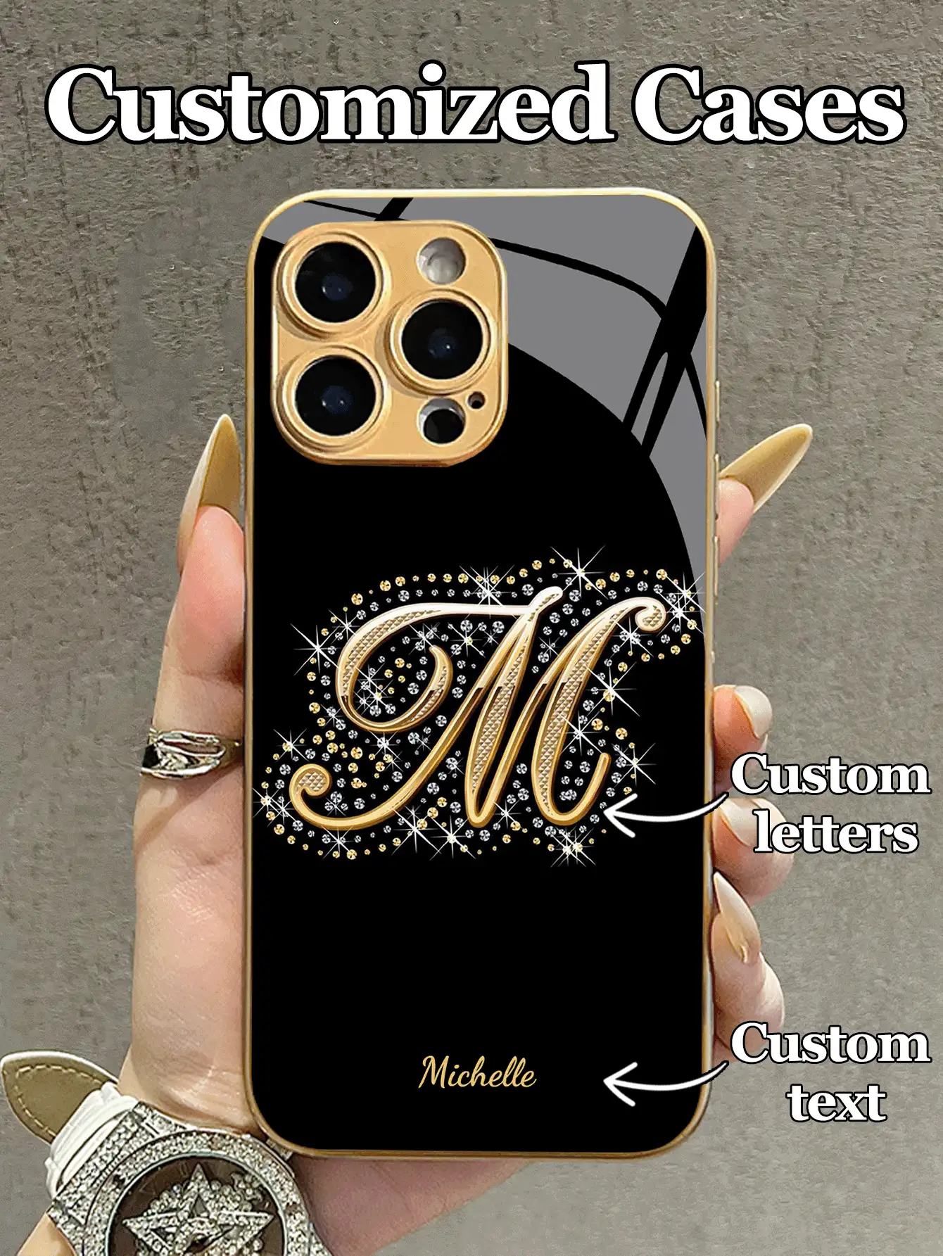1pc Customizable Personalized Text & Gold Floral Rhinestone Letter Design Tempered Glass Phone Case, Compatible With IPhone 17 Air/16 ProMax/15 Pro/14 Plus/13 Pro/12 Pro Max/11/Xs Max/8/7/6 Plus, S24 Ultra/S25 Ultra/A12, High-End Business Custom Gift For Boyfriend, Girlfriend, Family - Gold - View 3