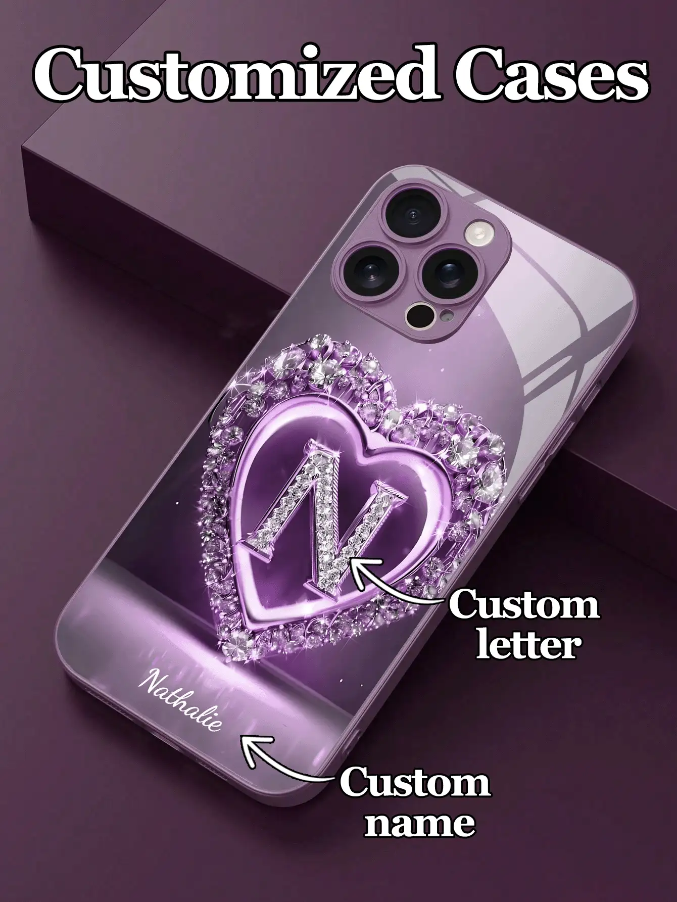 1 chiếc ốp lưng điện thoại bằng kính cường lực có thể tùy chỉnh 26 chữ cái và tên, họa tiết trái tim đính đá tím, tương thích với iPhone 17 Air/16 Pro Max/15 Pro/14 Plus/13 Pro/12 Pro Max/11/Xs Max/8/7/6 Plus, S24 Ultra/S25 Ultra/A12, thiết kế cao cấp dành cho doanh nhân, món quà tuyệt vời nhất cho bạn trai, bạn gái và gia đình, phụ kiện du lịch tiện dụng, phiên bản quốc tế, không phải phiên bản nội địa. - Màu tím - Xem 2