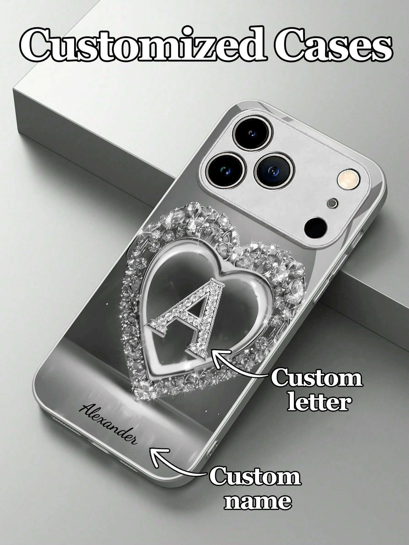 1 pieza Funda de teléfono de acero y vidrio con diseño de corazón de cristal de imitación con 26 letras y nombre personalizable, compatible con iPhone 17 Air/16 ProMax/15 Pro/14 Plus/13 Pro/12 Pro Max/11/Xs Max/8/7/6 Plus, S24 Ultra/S25 Ultra/A12, de alta gama y personalizada, mejor regalo para novio, novia y familia, versión internacional, no la versión nacional - Blanco - Añade 2