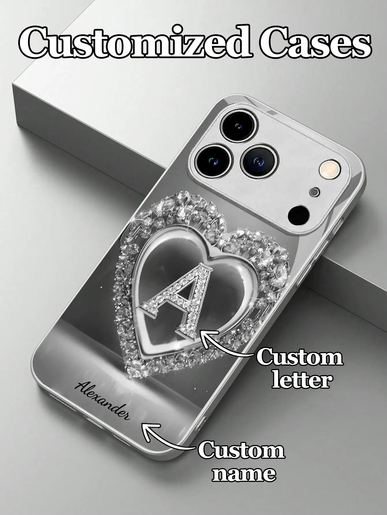 1 carcasă de telefon personalizabilă cu 26 de litere și design cu nume, stras și inimă, din oțel, compatibilă cu 17 Air/16 ProMax/15 Pro/14 Plus/13 Pro/12 Pro Max/11/Xs Max/8/7/6 Plus, S24 Ultra/S25 Ultra/A12, personalizată pentru afaceri de înaltă calitate, cel mai bun cadou pentru iubit, iubită și familie, versiune internațională, nu versiunea națională. - alb - Vizualizare 3