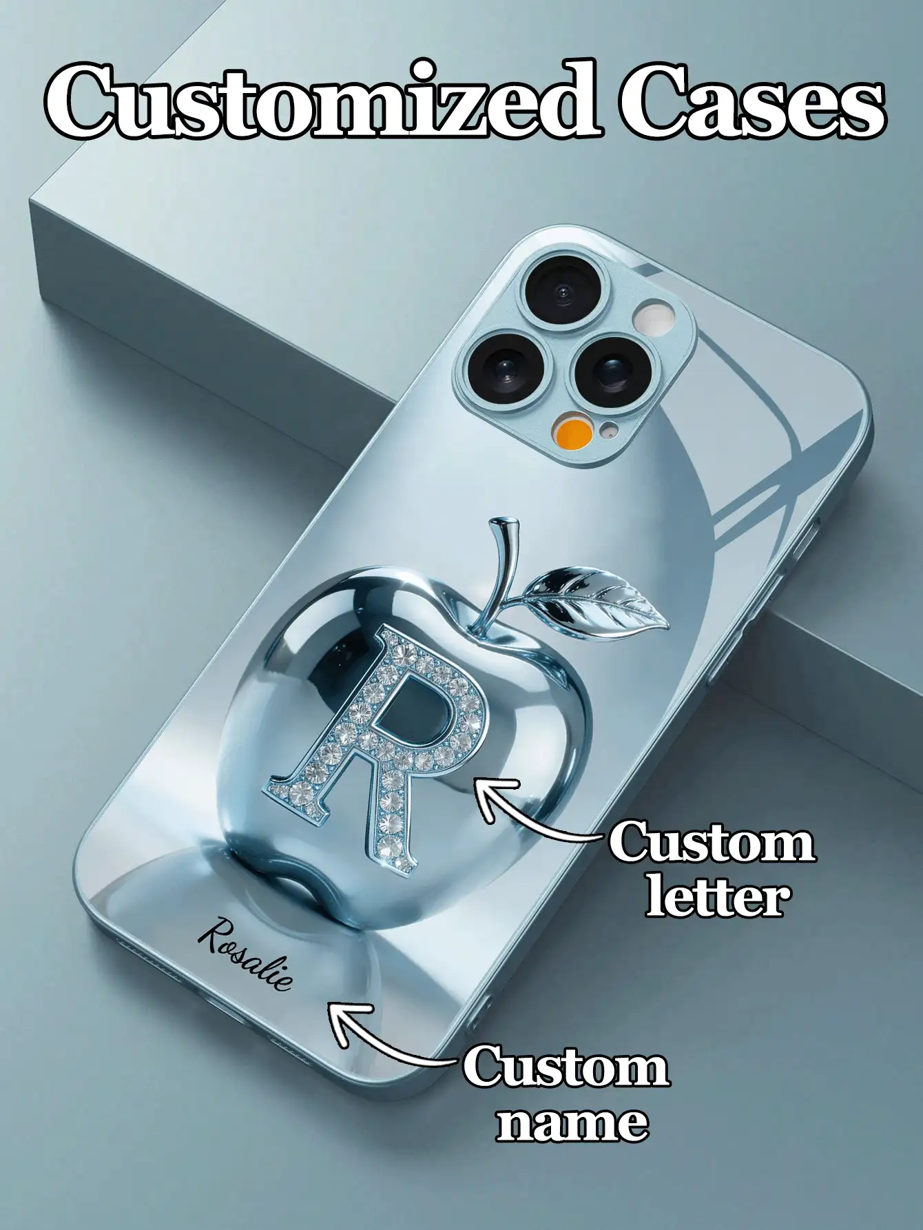 1pc Customizable 26 Letters & Name Design With Fashionable Blue Metal Apple Pattern Tempered Glass Material Phone Case, Compatible With Iphone17 ProMax/17Air/16 ProMax/15 Pro/14 Plus/13 Pro/12 Pro Max/11/Xs Max/8/7/6 Plus, S24 Ultra/S25 Ultra/A12, High-End Business Customization, Best Gift For Boyfriend, Girlfriend And Family - Blue - View 2