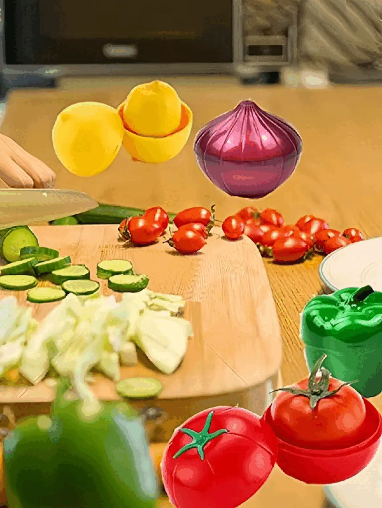 Reusable Silicone Fruit & Vegetable Shaped Food Storage Containers, Airtight Lids, Microwave & Dishwasher , Onion, Tomato, Lemon, Bell Pepper Design - Multicolor - View 3