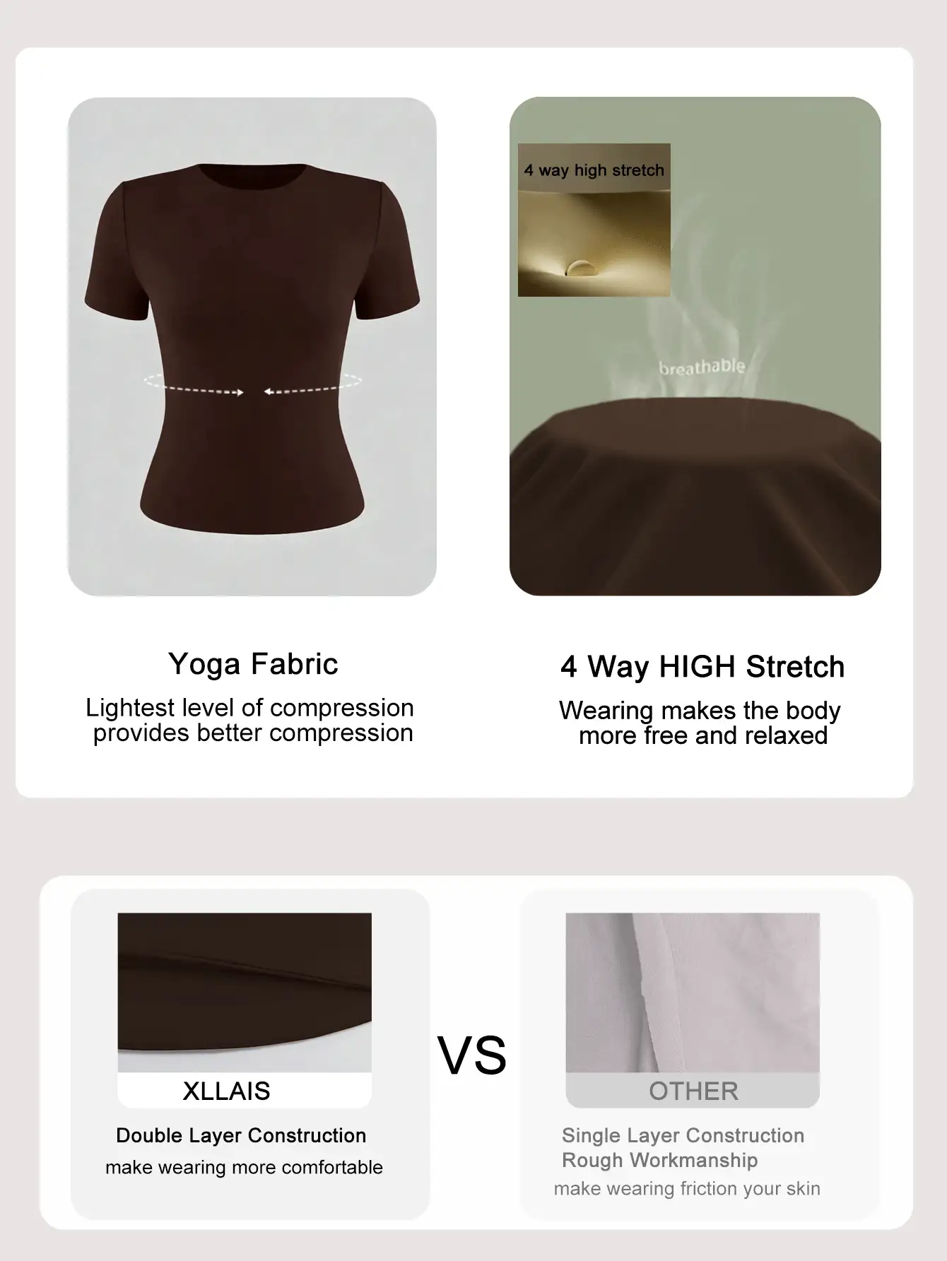 2件装圆领短袖纯色修身休闲女式T恤，夏季 - 深咖色 - 查看 4