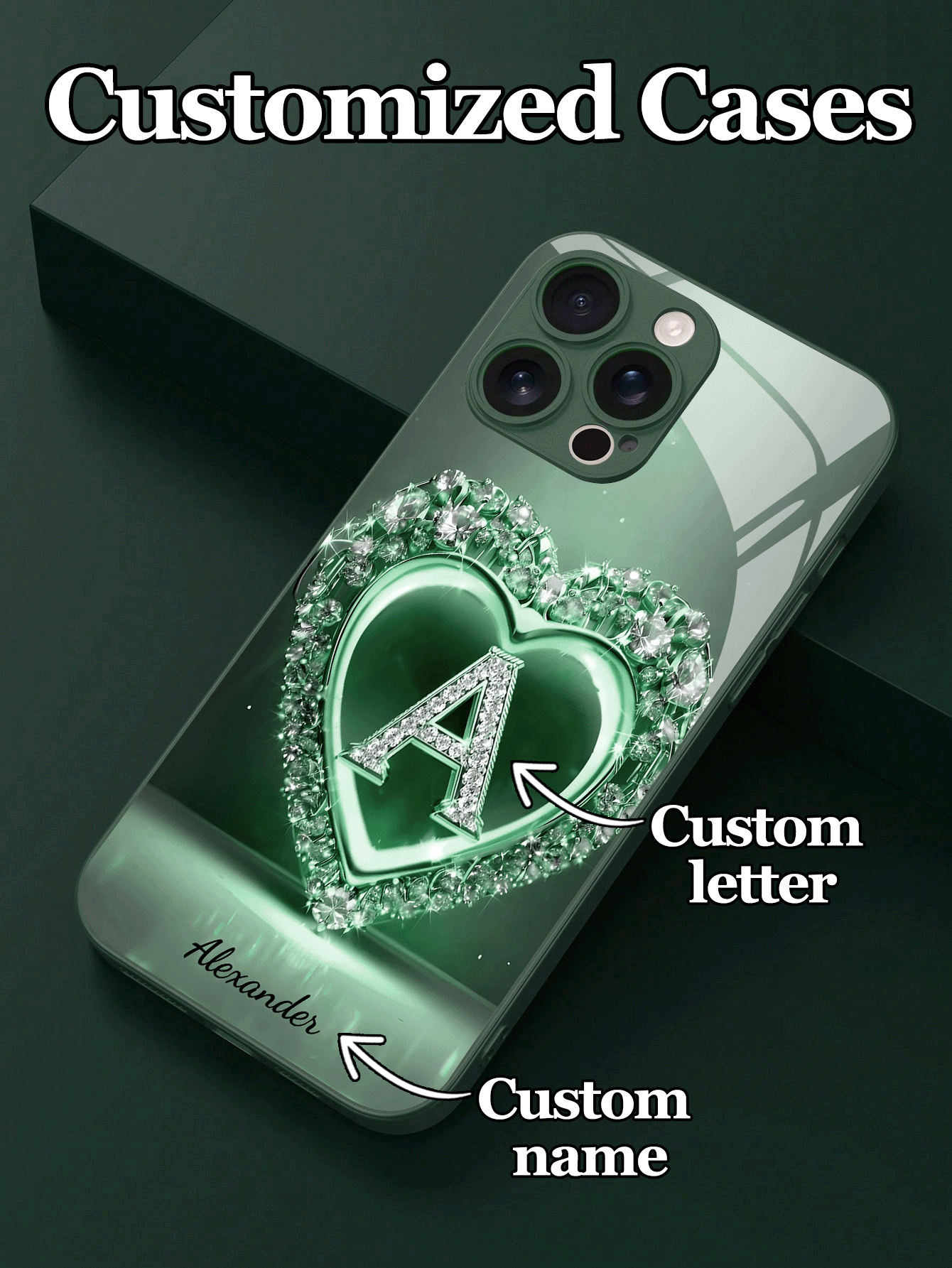 Funda de teléfono de vidrio templado con diseño de corazón con piedras de rhinestone verde, a prueba de golpes, personalizable con 26 letras y diseño de nombre, compatible con iPhone 17 Air/16 ProMax/15 Pro/14 Plus/13 Pro/12 Pro Max/11/Xs Max/8/7/6 Plus, S24 Ultra/S25 Ultra/A12, de alta gama, personalizada, mejor regalo para novio, novia y familia, cumpleaños, aniversario, versión internacional, no la versión nacional - Verde - Añade 2
