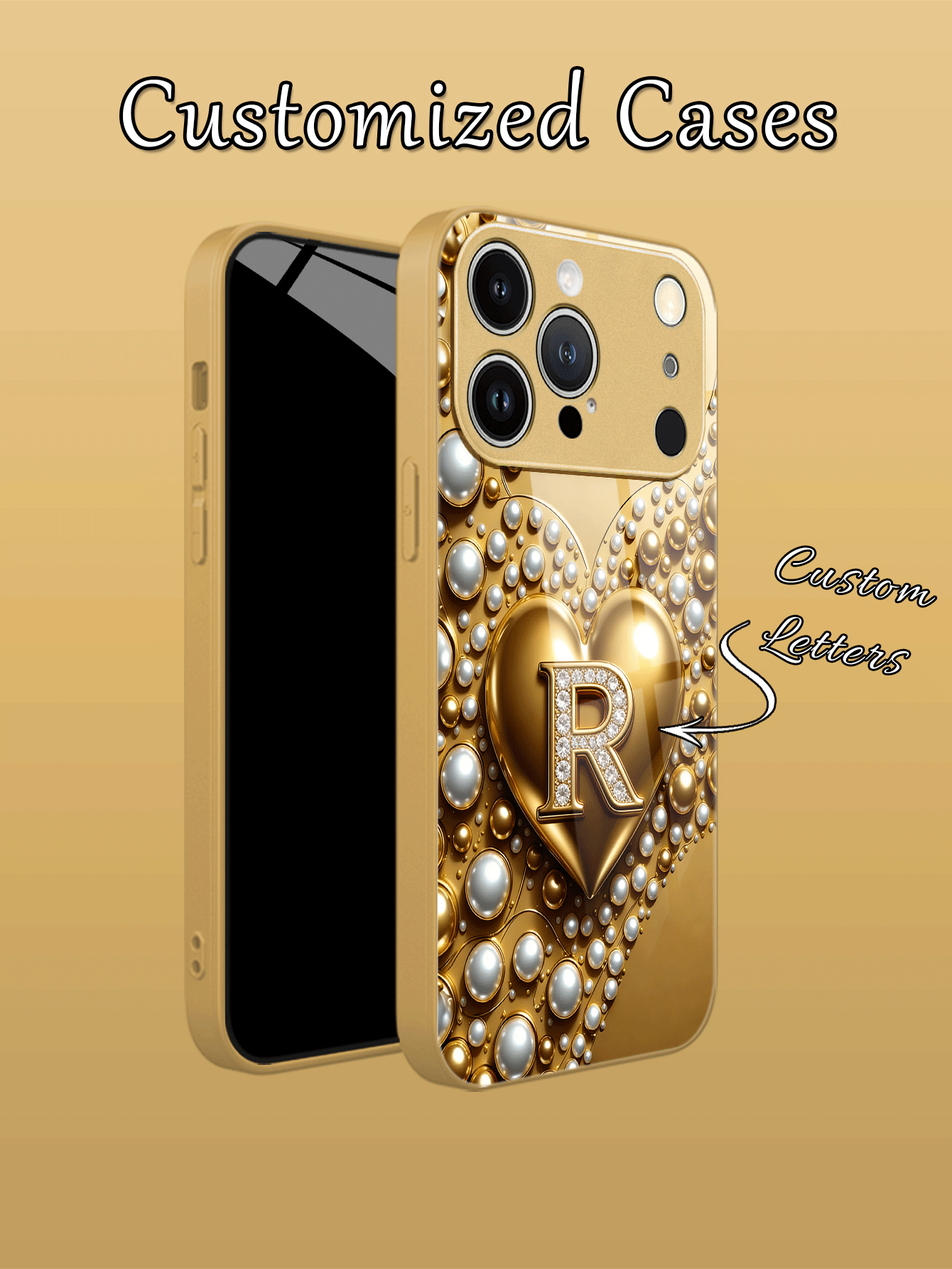 1pc Customized 26 Letter, Creative Pearl Heart Design Tempered Glass + TPU Soft Edge Phone Case, Suitable For Samsung S26Ultra/S25Plus/S24 Series And Apple 17ProMax/16ProMax/15Pro/14Plus/13Pro/12ProMax/11/XsMax/8/7/6Plus, Can Be Used As Birthday Gift, Gift For Girlfriend/Boyfriend Or Self-Use - Gold - View 2