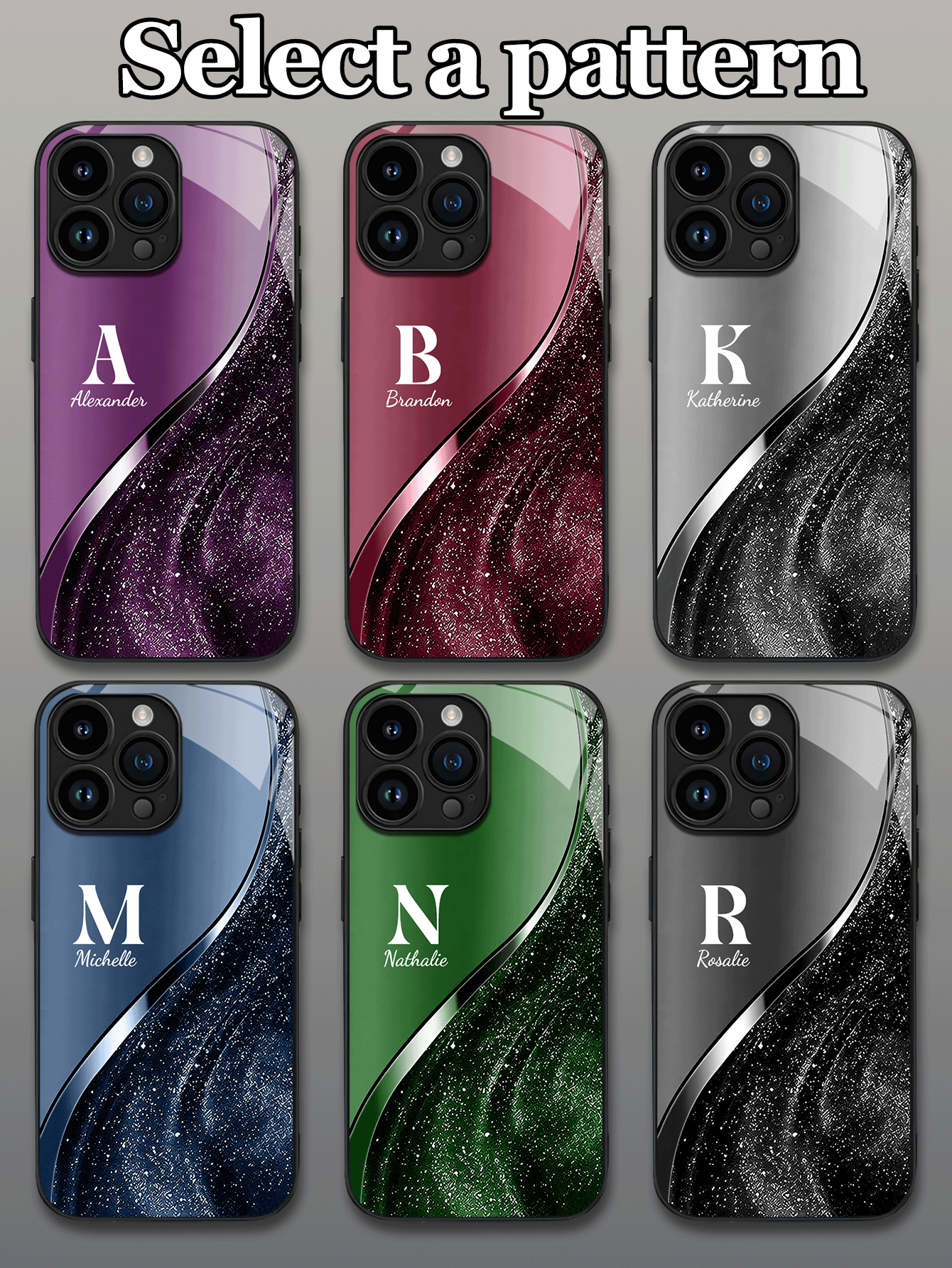 1 pieza Funda de teléfono de vidrio templado con textura de purpurina fluida y diseño de texto y letras personalizables con degradado de color, compatible con iPhone 17 ProMax/17 Air/15/16 Pro/14 Plus/13 Pro/12 Pro Max/11/Xs Max/8/7/6 Plus, S24 Ultra/S25 Ultra/A12, personalización de moda y diseño creativo, mejor regalo para novia/mejor amiga - Negro - Añade 2