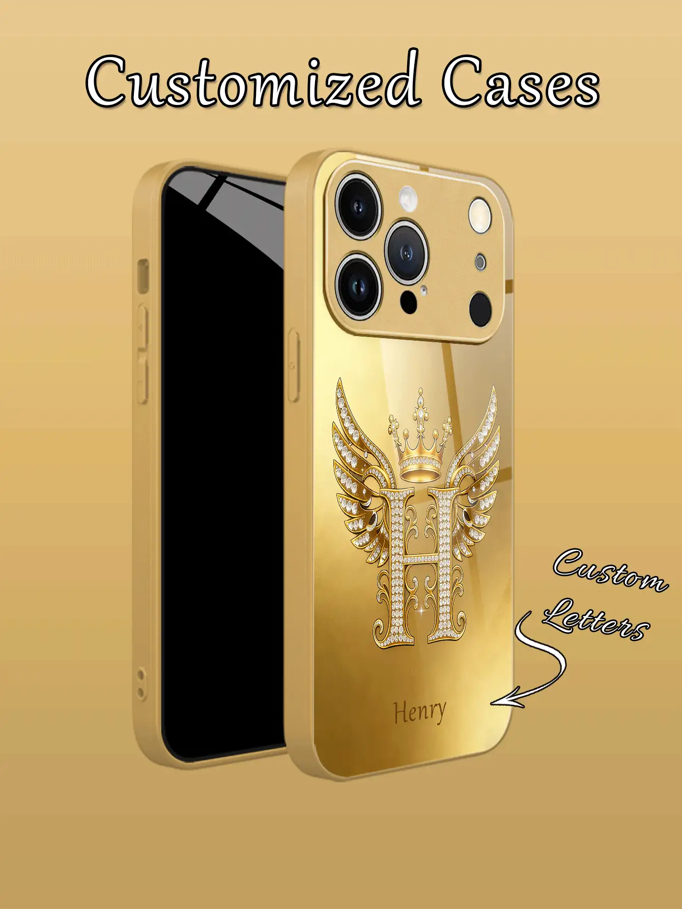 1pc Customized Diamond 26 Letter DIY Name, Fashion High-End Crown Wing Design, TPU Soft Edge + Back Tempered Glass Material Phone Case Compatible With Samsung S24 Ultra/S25 Ultra And Apple 17 ProMax/16 ProMax/15 Pro/14 Plus/13 Pro/12 Pro Max/11/Xs Max/8/7/6 Plus Phone Accessories,International Version, Not The Domestic Version - Gold - View 2