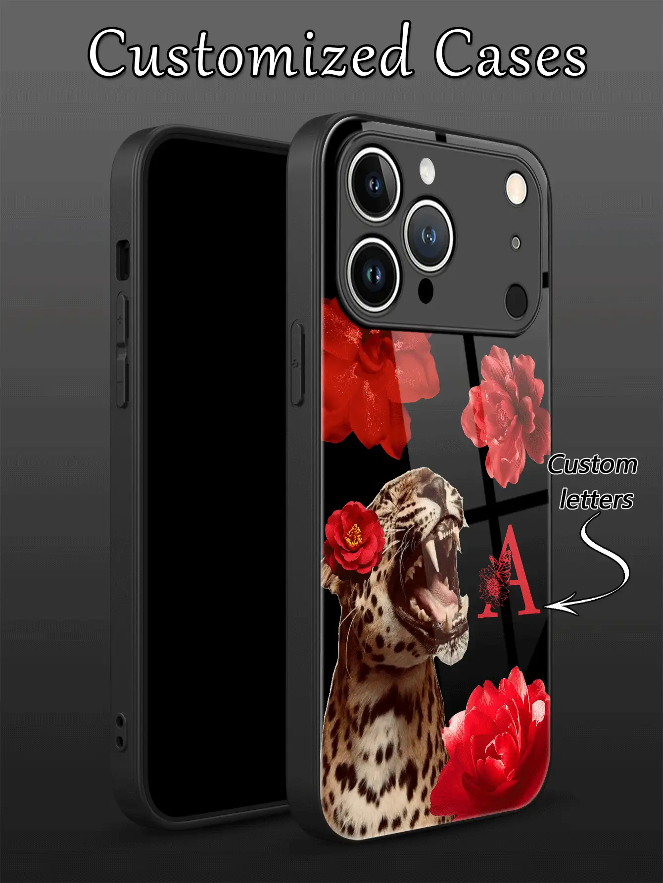1pc Customized Letter, Red Rose & Leopard Pattern, TPU Soft Edging + Tempered Glass Back Phone Case Compatible With Samsung S24 Ultra/S25 Ultra And Apple 17 Pro Max/16 Pro Max/15 Pro/14 Plus/13 Pro/12 Pro Max/11/Xs Max/8/7/6 Plus Phone Accessories - Black - View 2