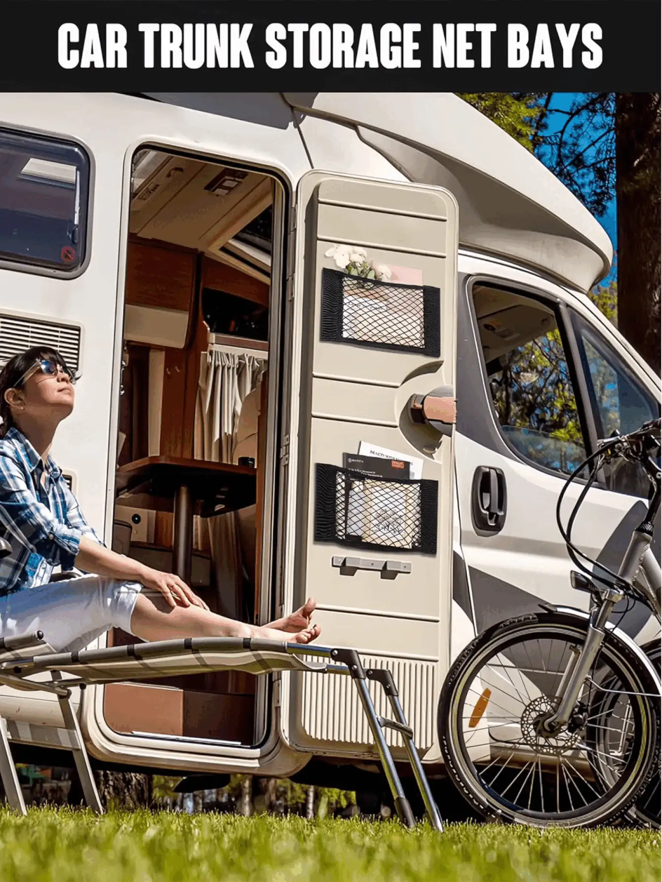 通用自粘塑料收纳袋，节省空间的汽车后备箱网袋，大号壁挂式收纳袋，弹性网袋带粘胶，适用于后备箱收纳、壁挂式橱柜，无需钻孔，家居收纳必备品 - 彩色 - 查看 3