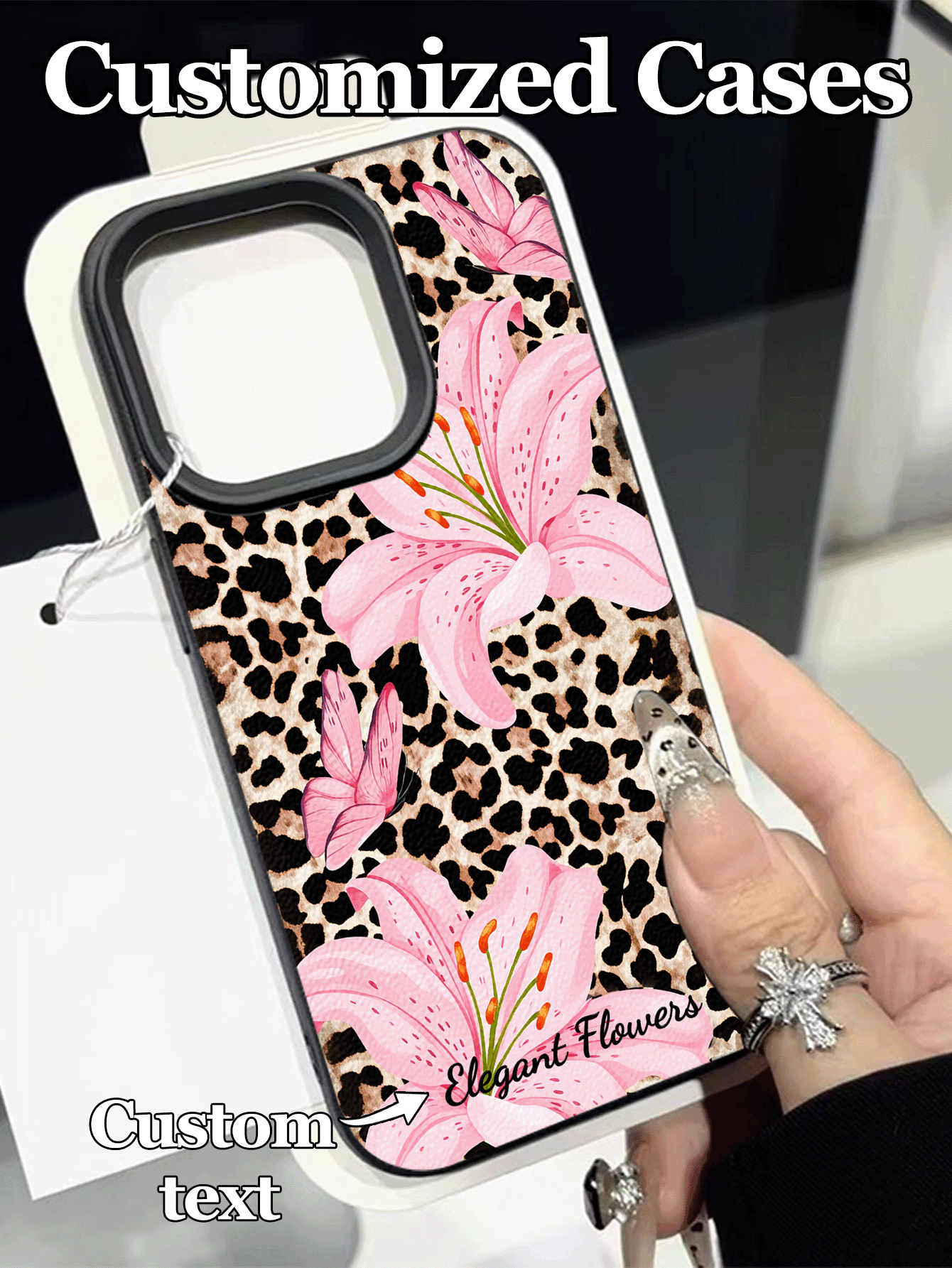 1 ốp lưng điện thoại họa tiết da báo và hoa ly hồng có thể tùy chỉnh, tương thích với iPhone 17 Pro Max/17 Air/16 Pro Max/15 Pro Max/16E/14 Plus/13/12/11/XR/XS Max, kiểu dáng tươi mới và ngọt ngào, phù hợp cho những người yêu hoa và những ai tìm kiếm thiết kế lãng mạn cá nhân hóa. - màu đen - Xem 2