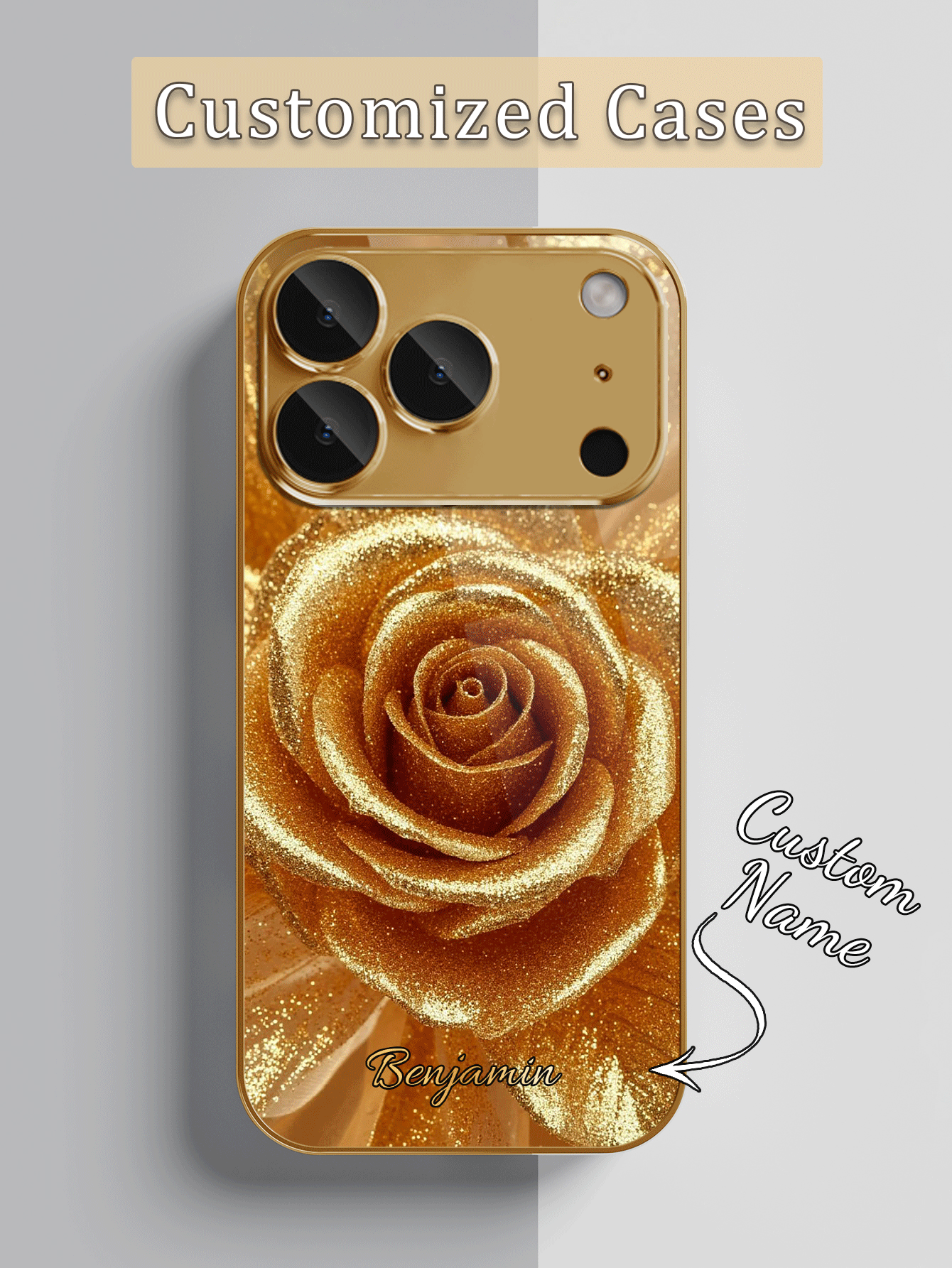 1pc Customized Name & Gold Rose Pattern Electroplated Glass Phone Case Compatible With IPhone 17 Pro Max/16 Pro Max/15/14 Plus/13 Pro/12 Pro Max/11/Xs Max/8/7/6 Plus, S24 Ultra/S25 Ultra - Gold - View 2