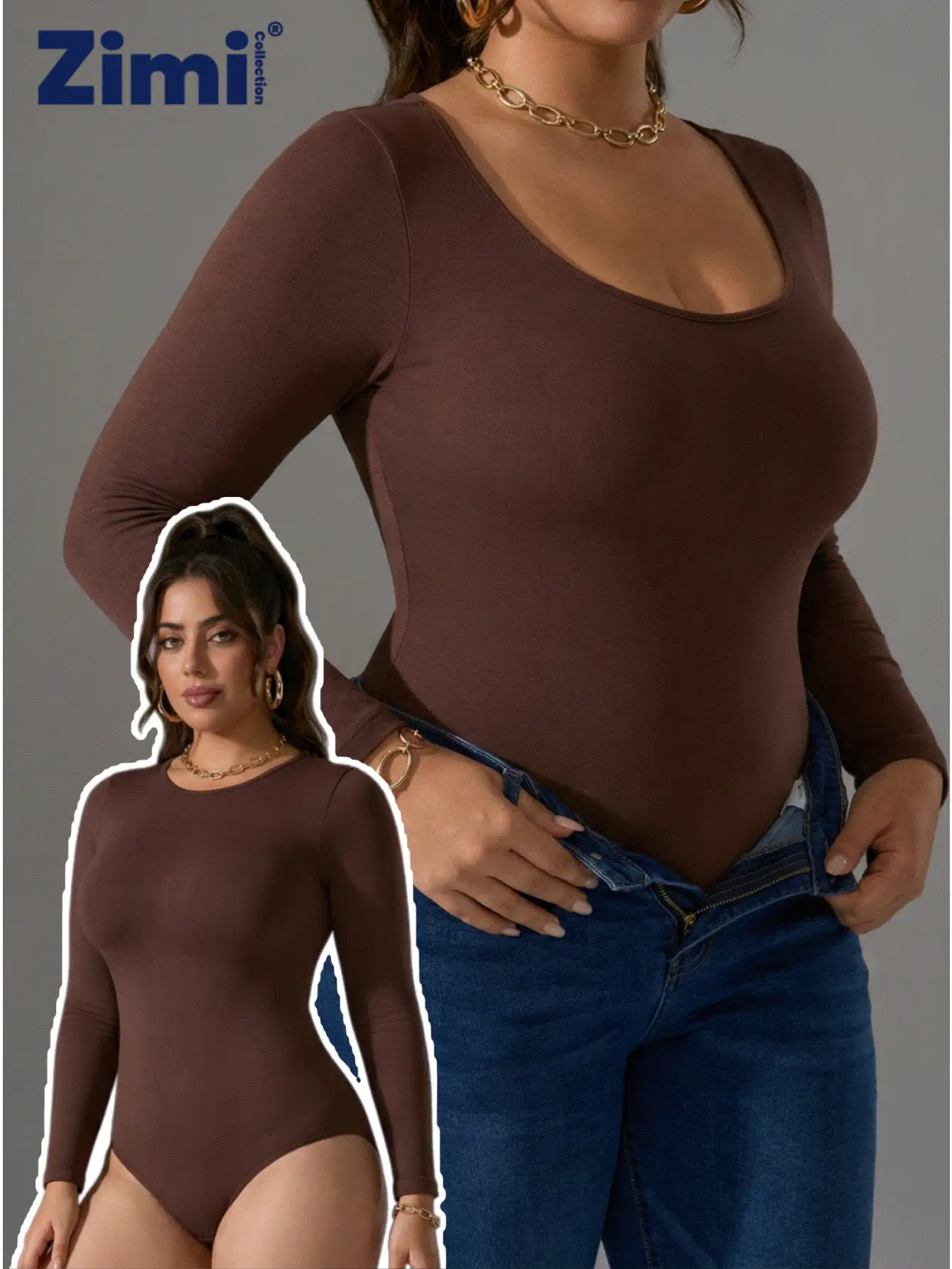 Zimi Collection 1 件装加大码无缝运动塑身连体衣，女款 1XL-5XL，棕色长袖提臀收腹运动连体衣，适合健身房训练、瑜伽、跑步等健身活动。 - 棕色 - 查看 4