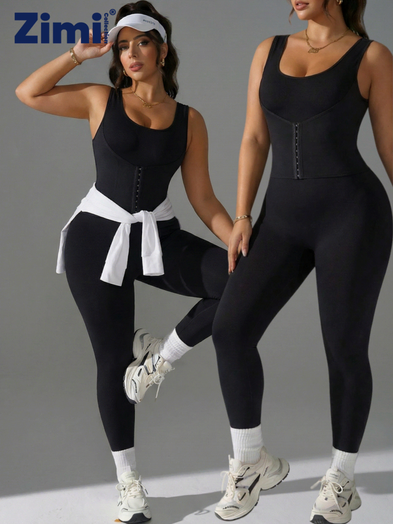 Zimi Collection 1XL-4XL 大码无缝塑身连体衣 | 黑色可调节前扣收腹提臀塑形运动紧身衣，适合健身房日常穿着，可搭配连衣裙 - 黑色 - 查看 2