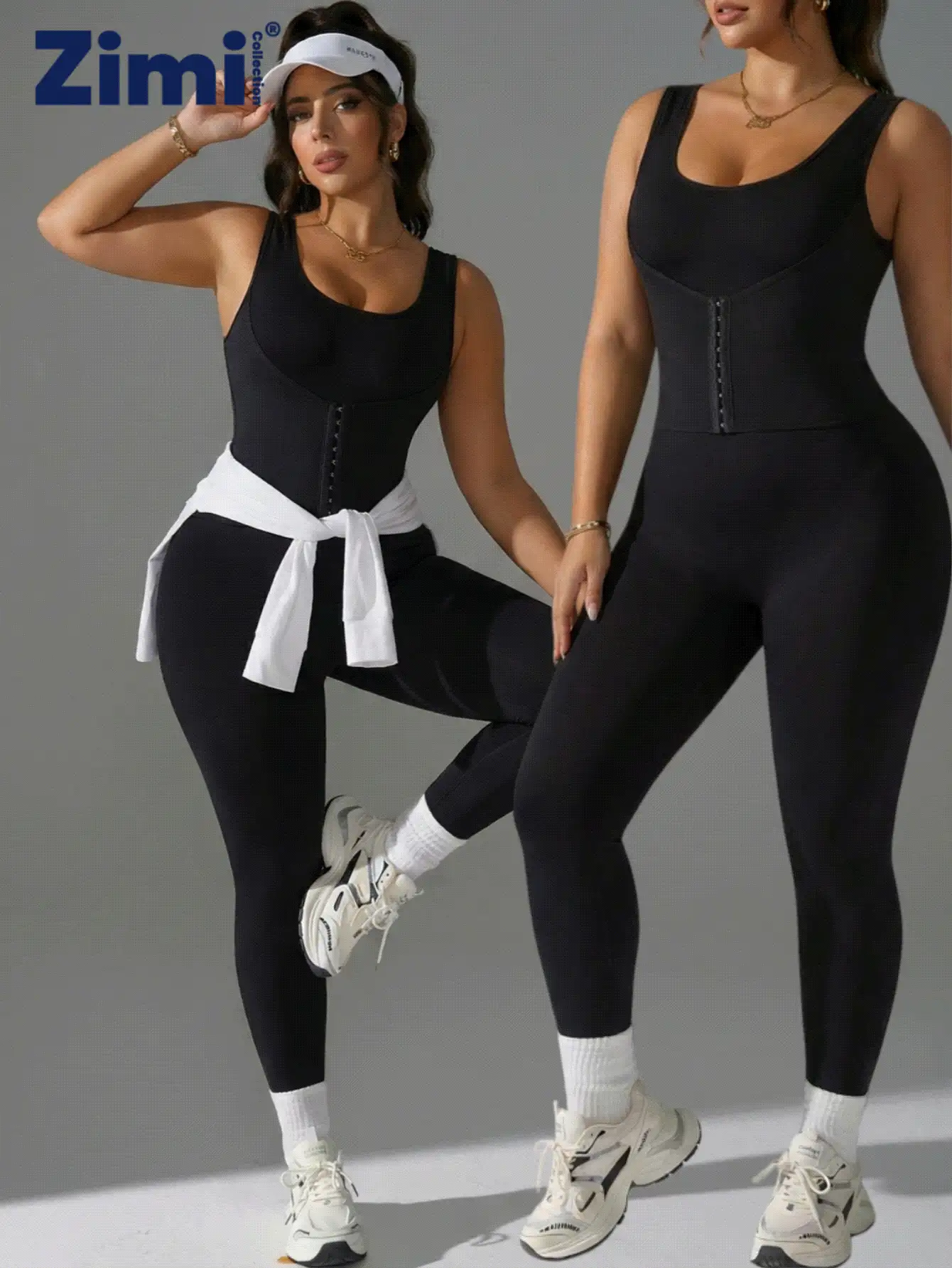 Zimi Collection 1XL-4XL Plus Size Seamless Shapewear Jumpsuit | Black Adjustable Front Buckle Tummy Control Waist Trainer Workout Bodysuit For Gym Daily Wear Under Dresses - Black - View 3