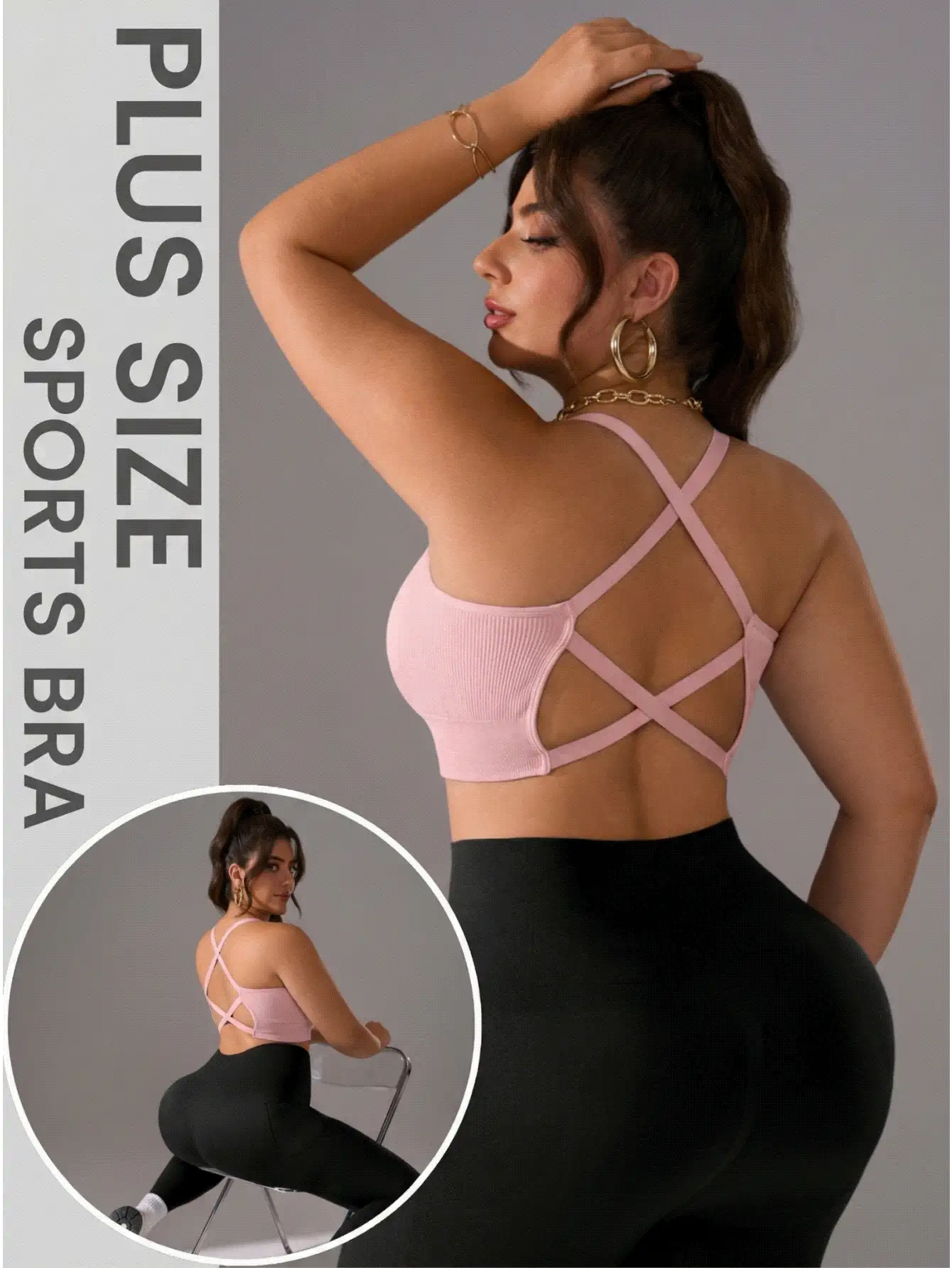 Zimi Collection Plus Size Solid Pink Seamless Ribbed Sexy Backless Crisscross Bra Removable Pad Workout Crop Top Athleisure Ropa Deportiva - Pink - View 2