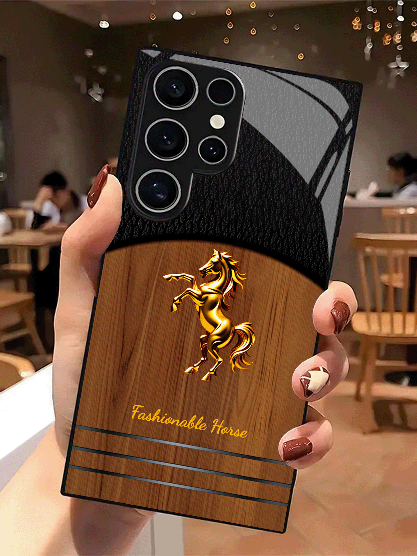 1pc Customizable Phone Case With Gold Horse And Black Faux Leather Texture Design, Tempered Glass Material, Compatible With Samsung A70/A56/A31/A30S/A15/A24/Note10/S10Lite/S20FE/S21Ultra/S23/S24/S25Plus/S25Edge, Note14Pro/Note12Turbo/Note11EPro/Note9/Note914C, K70E/K60/K50Ultra/K40, High-End Fashion Business Customization, Best Gift For Family, Colleagues, Boyfriend, International Version,  Not The Domestic Version - Black - View 2