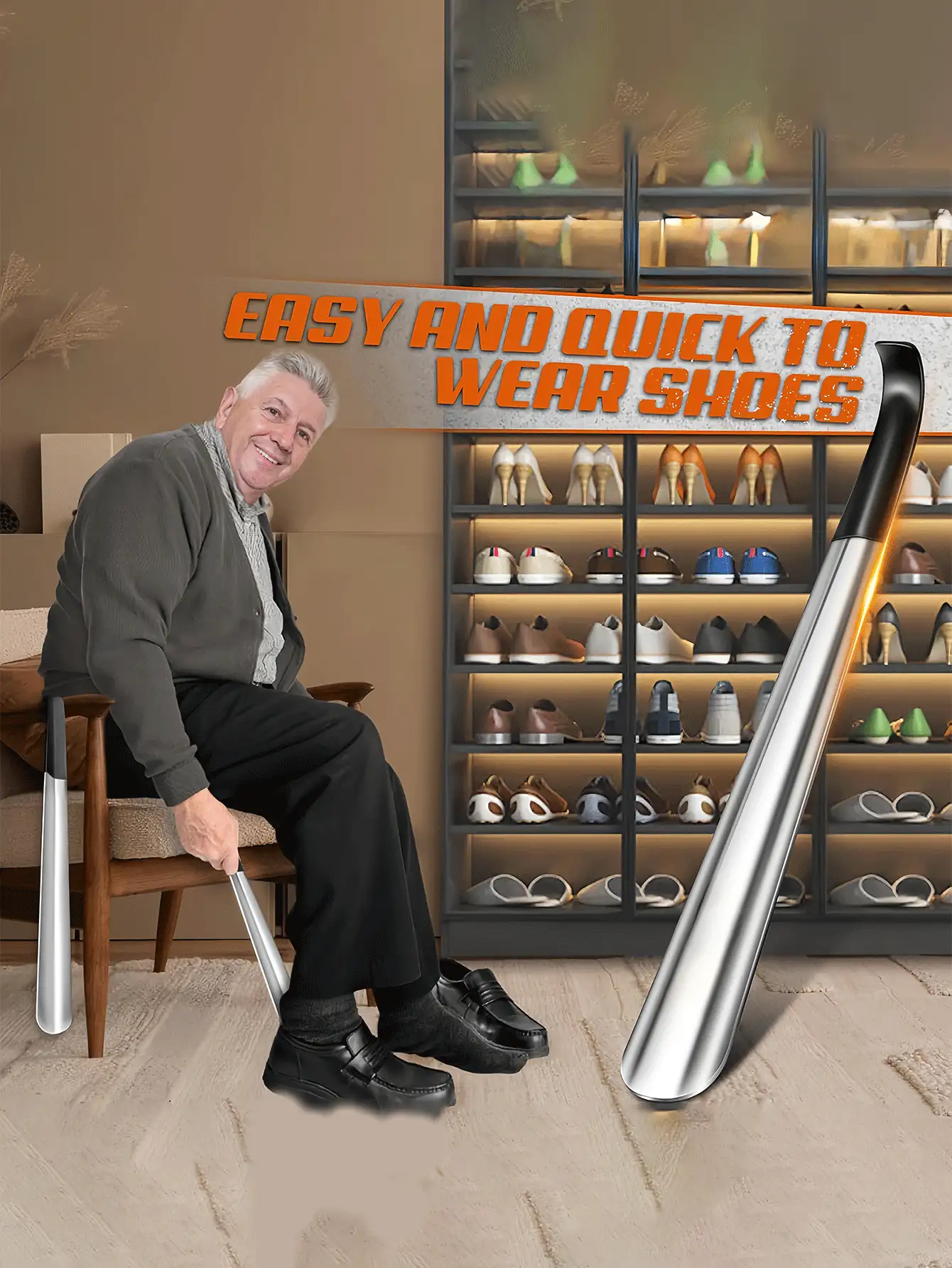 LAIMEI 符合人体工学的长柄不锈钢鞋拔，方便穿脱鞋子，无需弯腰，经久耐用，适合老年人和残疾人使用，也可作为家居装饰品、情人节礼物或浴室配件。 - 均碼 - 查看 3