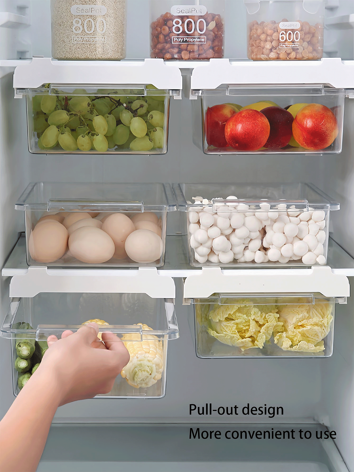 Caja de almacenamiento colgante transparente para refrigerador, caja organizadora transparente de cocina para conservar frutas y verduras, caja extraíble para preservación de verduras y frutas y caja organizadora de alimentos enlatados, contenedor de almacenamiento para refrigerador que ahorra espacio, caja organizadora de cajón colgante, almacenamiento de cocina, artículos del hogar - Multicolor - Añade 2