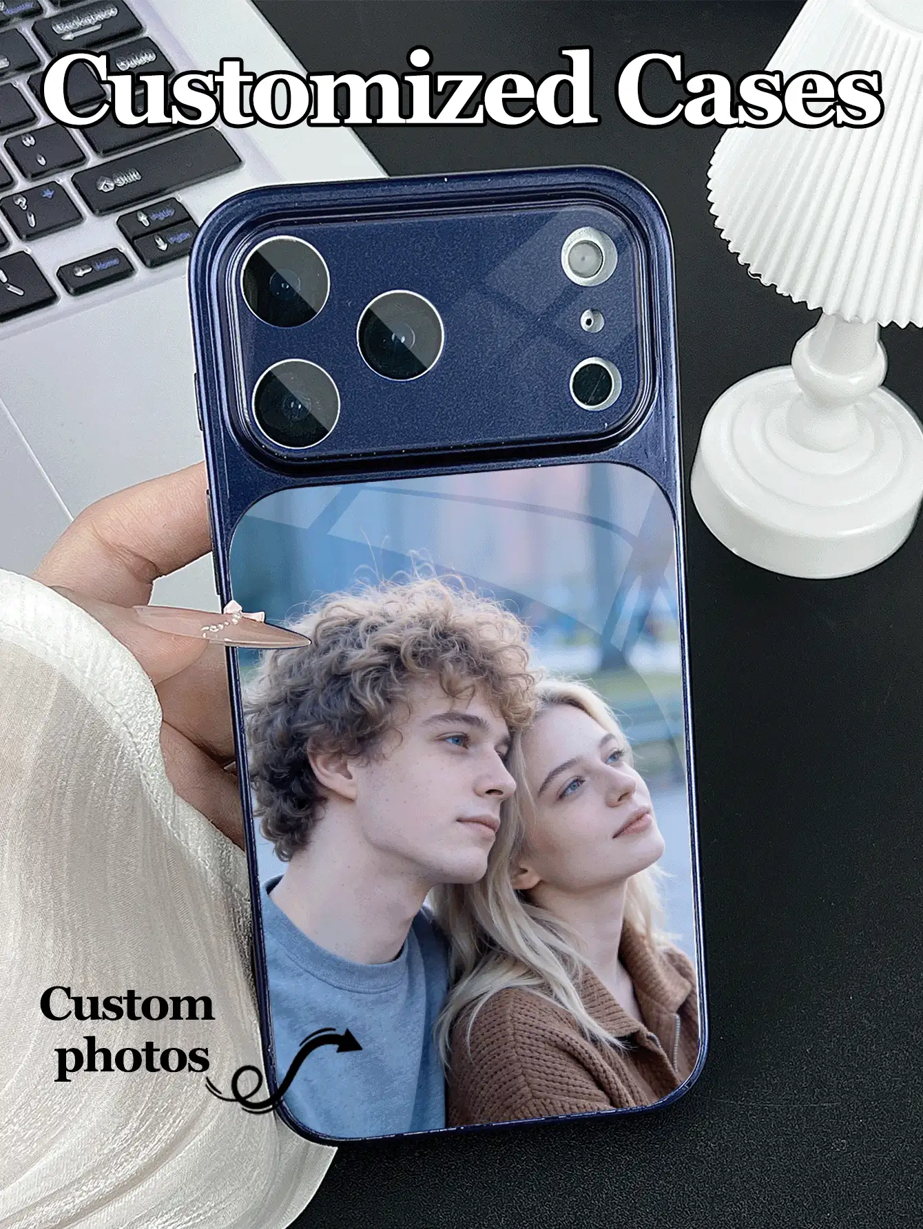 1pc DIY Customized Photo Glass Material Blue Phone Case Compatible With IPhone 17 ProMax/17 Air/15/16 Pro/14 Plus/13 Pro/12 Pro Max/11 Models, Tempered Glass Camera Protection, Tempered Glass Back Cover, Large View Window Phone Protective Case, Customized Tempered Glass, Best Gift For Friends And Family - Navy Blue - View 2