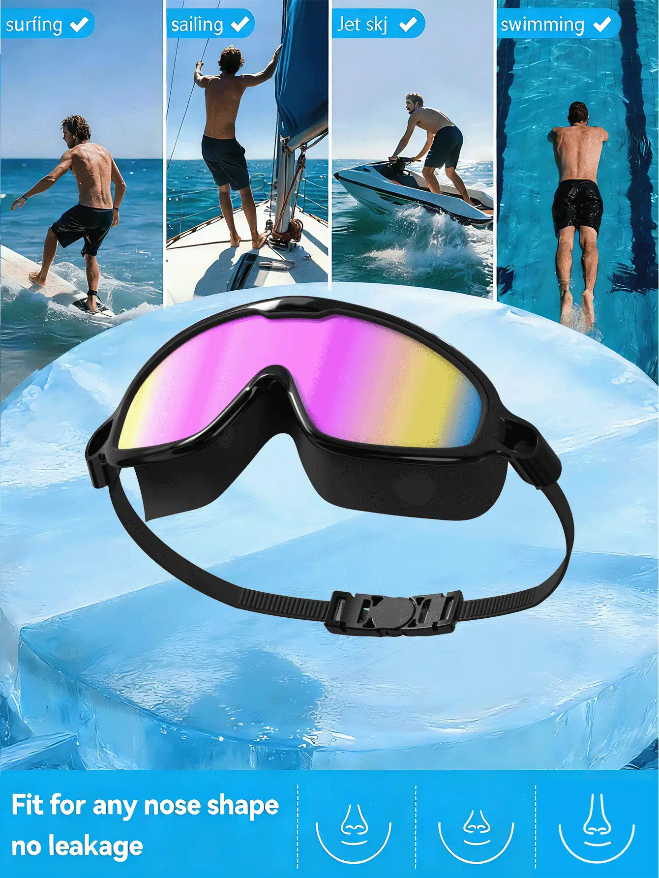 New Adult Wide-Angle Swimming Goggles – Fogproof, UV-Protective, And Leak-Free. Come With Earplugs, Nose Clips, And A Microfiber Cloth; Suitable For Both Men And Women. - Multicolor - View 7