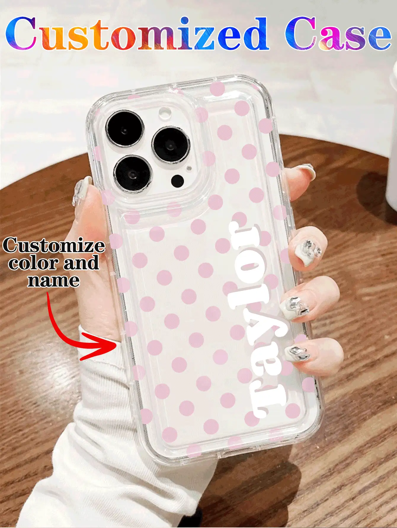 1 buah Casing Ponsel Transparan Minimalis Motif Polka Dot Kustom dengan Nama & Huruf, Kompatibel dengan iPhone 11/12/13/14/15/16/17 Pro Max - Clear - View 2