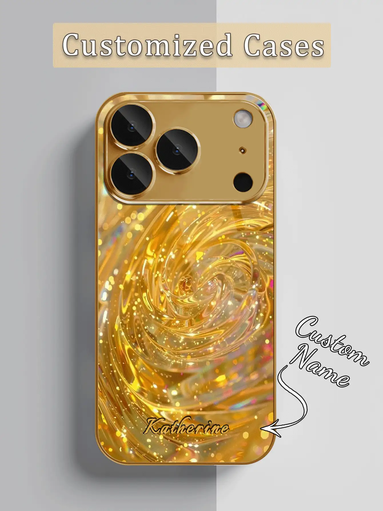 1pc Customized Name, Starry Sky & Sunburst Swirl Pattern Electroplated Gold Glass Phone Case Compatible With Iphone 17 Pro Max/16 Pro Max/15/14 Plus/13 Pro/12 Pro Max/11/Xs Max/8/7/6 Plus Phone Accessories - Gold - View 2