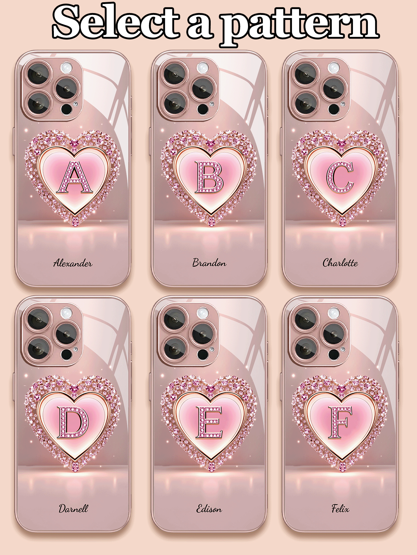 1 st anpassningsbart text- och bokstavsdesign med rosa hjärtformat telefonskal i härdat glas, kompatibelt med 17 Pro Max/17 Air/16 Pro Max/15 Pro/14 Plus/13 Pro/12 Pro Max/11/Xs Max/8/7/6 Plus, S24 Ultra/S25 Ultra/A12/A55/A31/A22, exklusivt företagsskal, bästa presenten till vänner och familj, internationell version, inte den inhemska versionen - Rosa - Visa 2