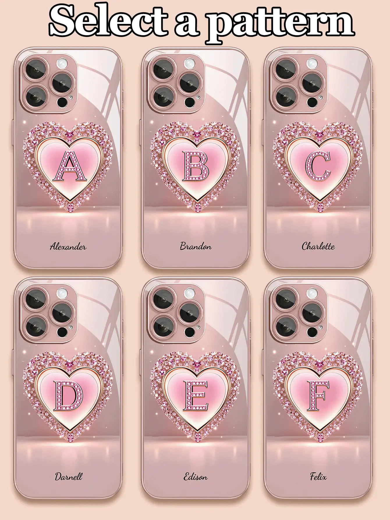 1pc Customizable Text & Letter Design With Pink Heart Shape Tempered Glass Phone Case, Compatible With Iphone 17 Pro Max/17 Air/16 Pro Max/15 Pro/14 Plus/13 Pro/12 Pro Max/11/Xs Max/8/7/6 Plus, S24 Ultra/S25 Ultra/A12/A55/A31/A22, High-End Business Custom, Best Gift For Friends And Family,International Version, Not The Domestic Version - Pink - View 3